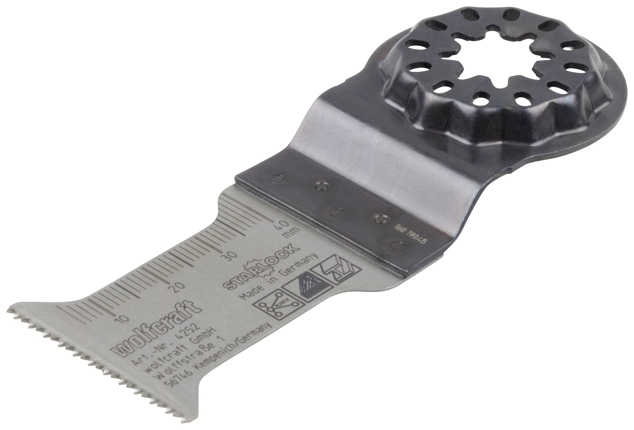 Ein oszillierendes Sägeblatt mit Skala und Beschriftungen zur Verwendung mit Multifunktionswerkzeugen.