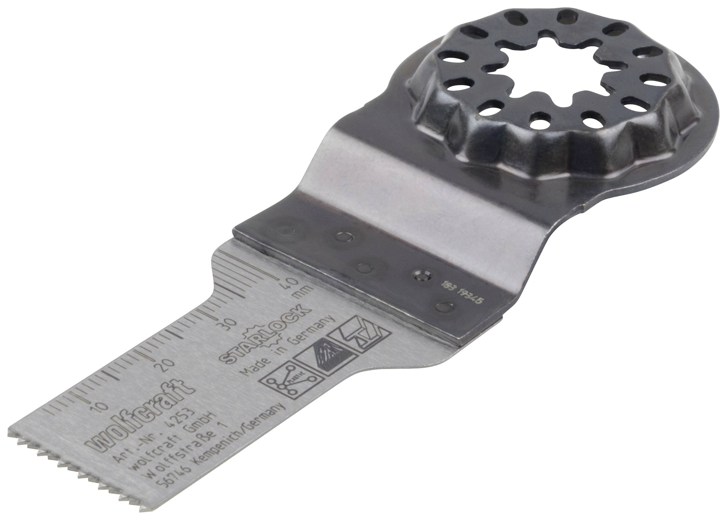 Ein oszillierendes Sägeblatt mit abgestuftem Maßstab und Markenaufdruck, hauptsächlich für präzise Schnitte in der Holzbearbeitung.