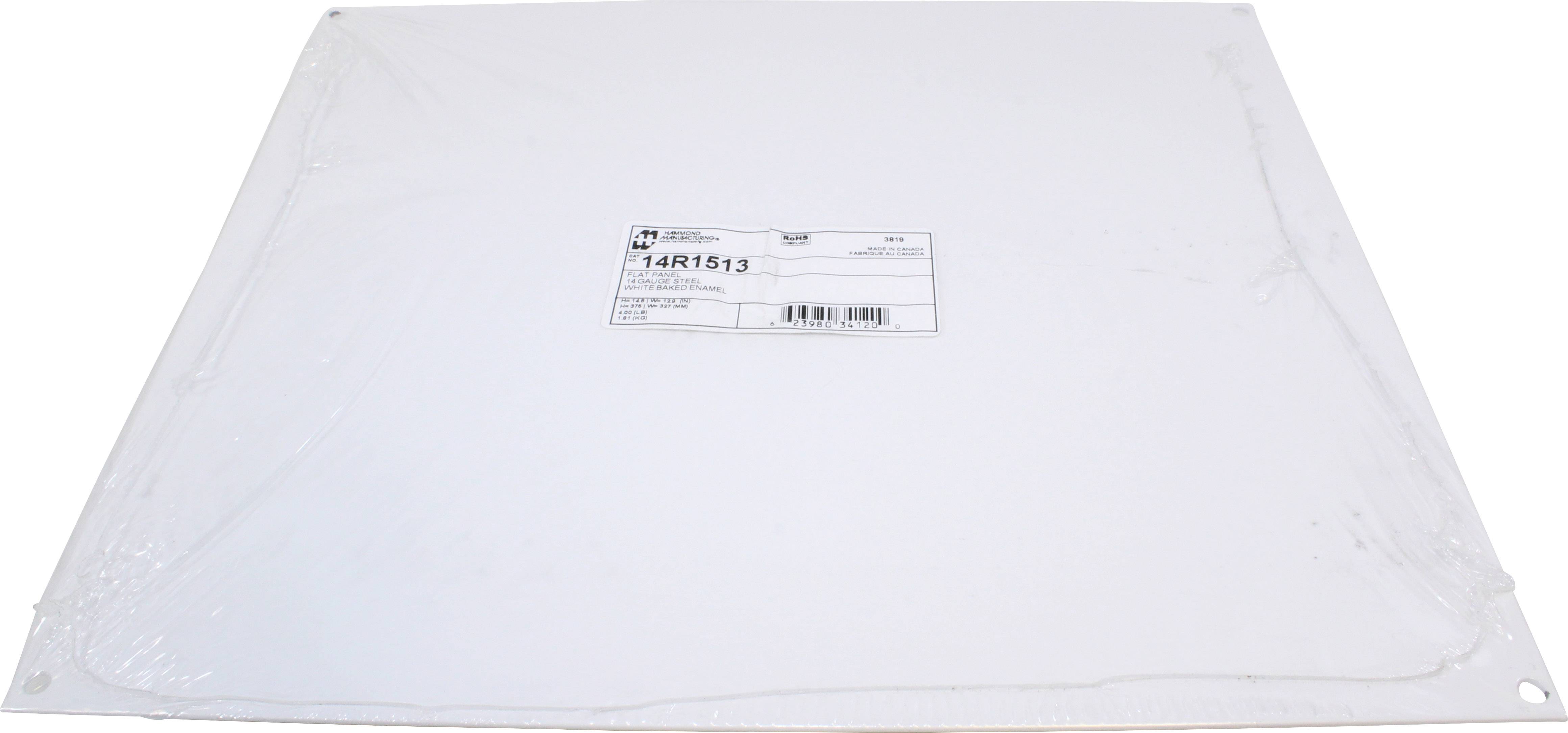 Ein weißes, quadratisches Paneel mit einem Etikett in der Mitte. Das Etikett enthält Produktinformationen und Barcodes.