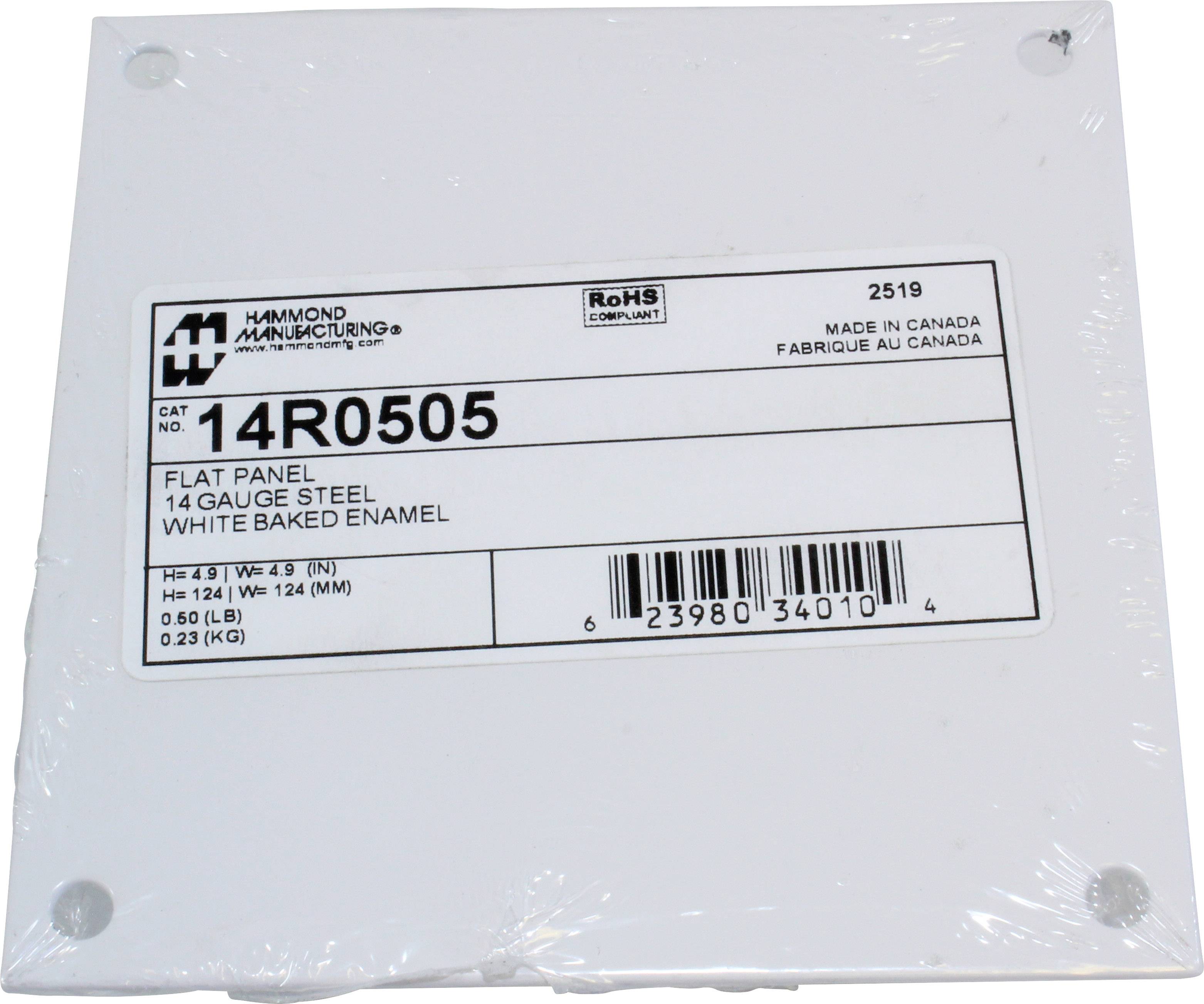 Weiße Stahlplatte mit Produktnummer '14R0505' von Hammond Manufacturing. Maße und Gewicht sind angegeben, hergestellt in Kanada.