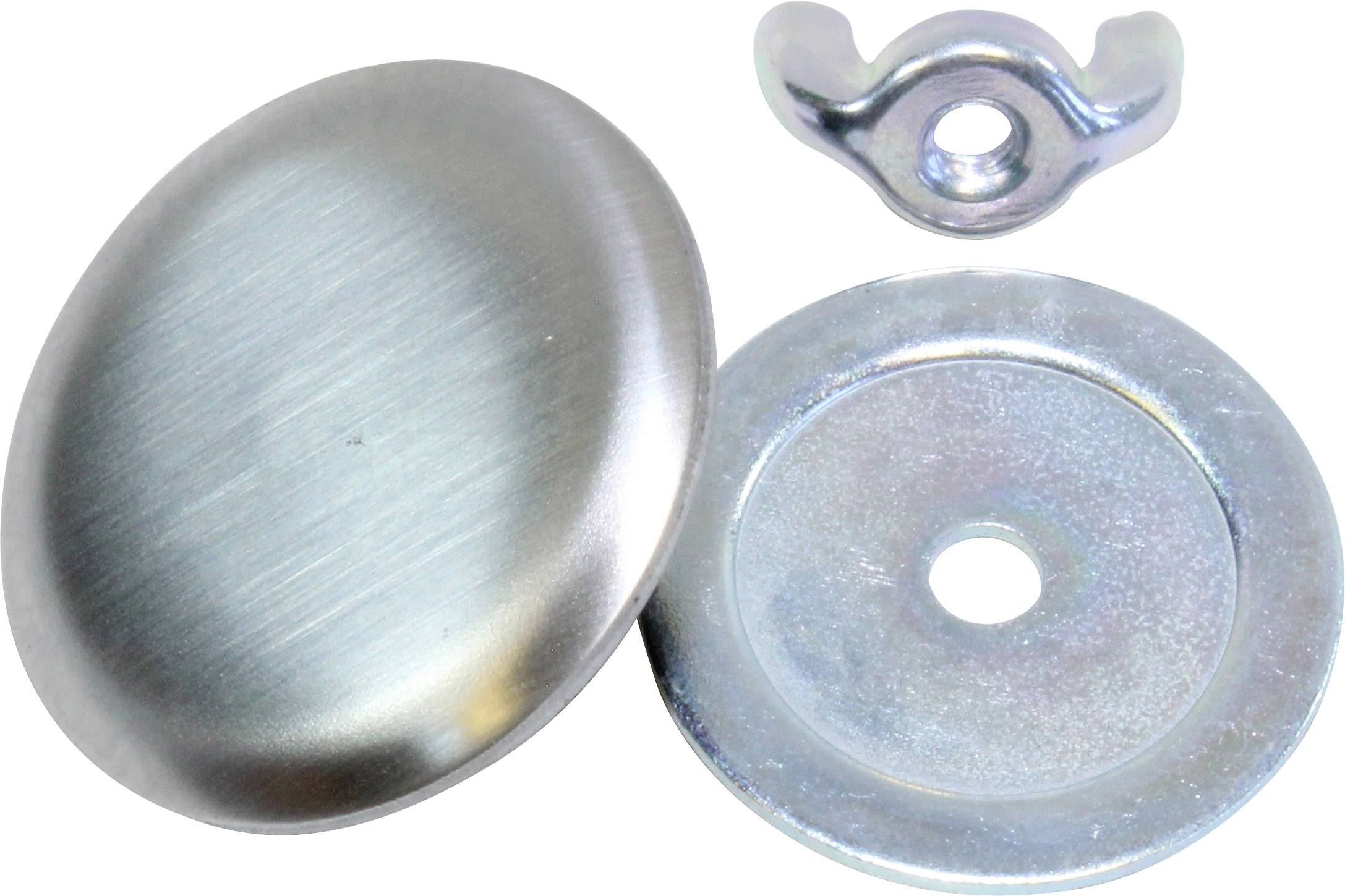 Metallteile: eine glatte Abdeckung, eine kreisförmige Scheibe mit Loch in der Mitte und eine Flügelschraube.