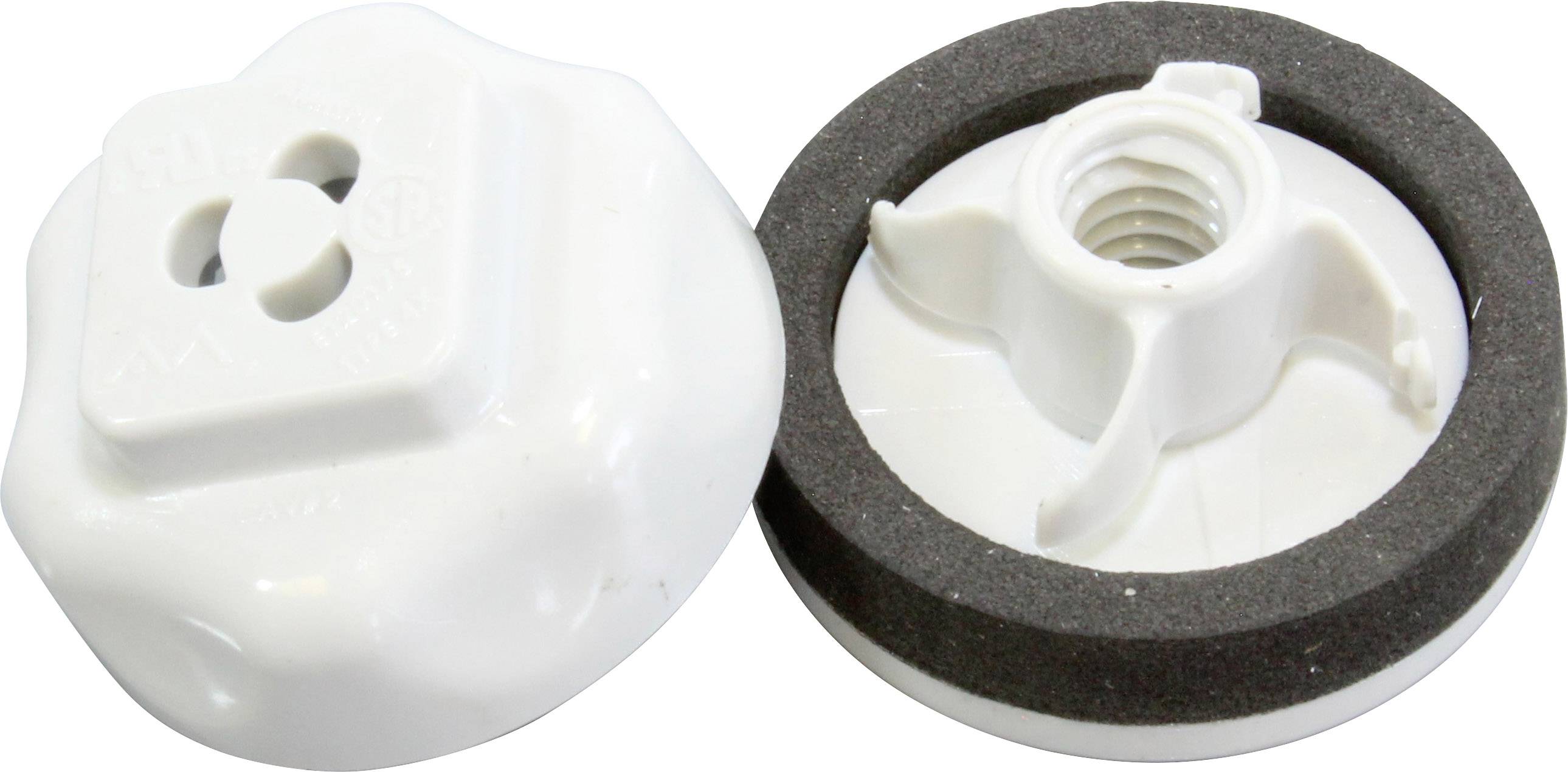 Zwei weiße, runde Drehverschlüsse mit schwarzer Gummidichtung auf einem weißen Hintergrund.
