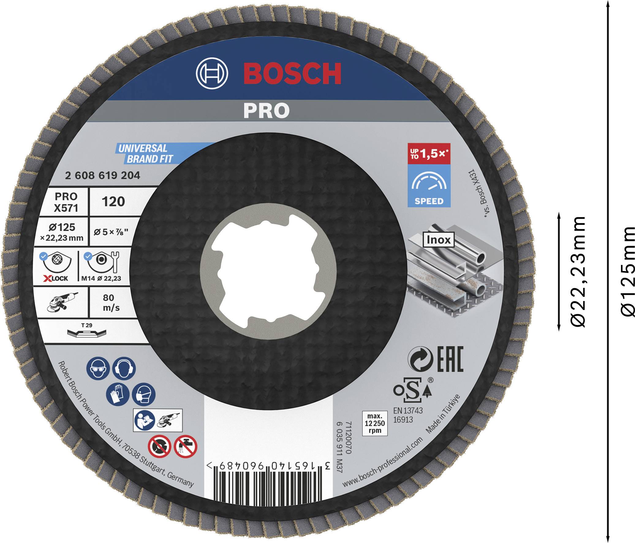 Bosch PRO Trennscheibe, 125 mm Durchmesser, für Metall/INOX geeignet. Kennzeichnungen: maximal 12.250 U/min, maximale Geschwindigkeit 80 m/s.