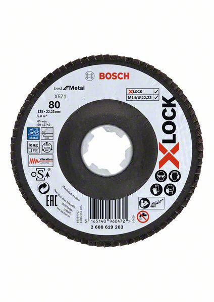 Schleifscheibe von Bosch, Typ X-Lock. Geeignet für Metallbearbeitung, Größe 125x22,23 mm, Körnung 80.