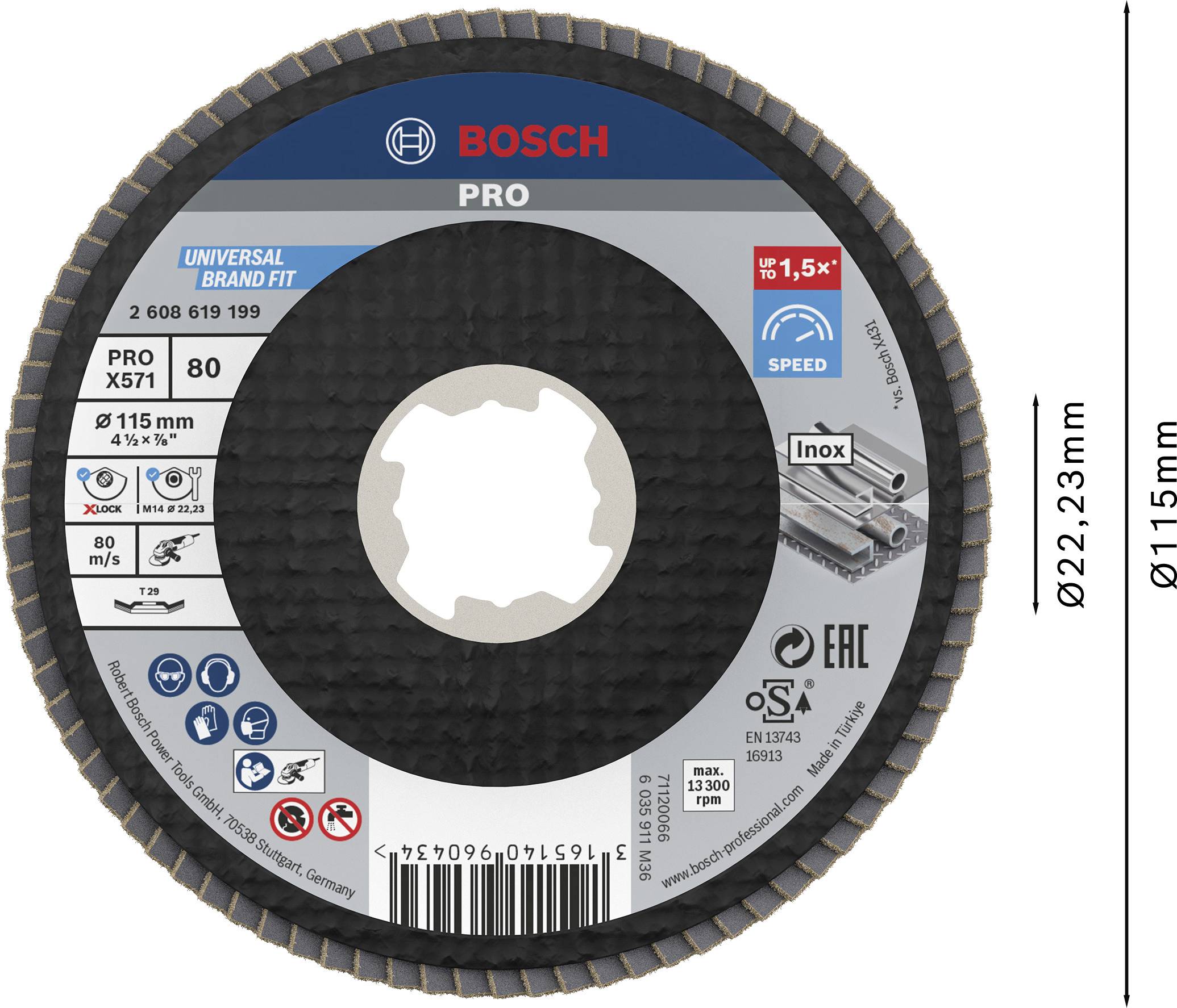 Schleifscheibe von Bosch mit 115 mm Durchmesser, geeignet für Metall. Pro-Serie, max. 80 m/s, 13.300 U/min, ISO-zertifiziert.
