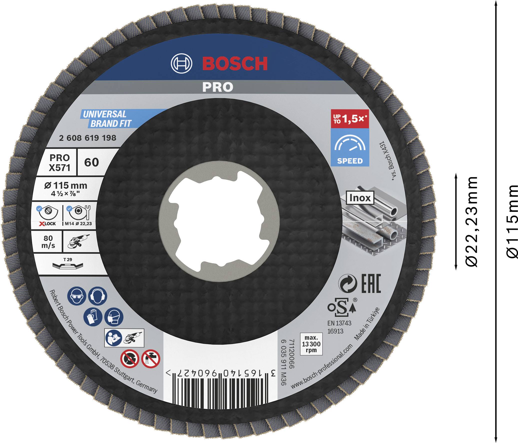 Schwarze Schleifscheibe mit Bosch-Logo. Geeignet für Edelstahl, 115 mm Durchmesser, 22,23 mm Bohrung. Geschwindigkeit 80 m/s.