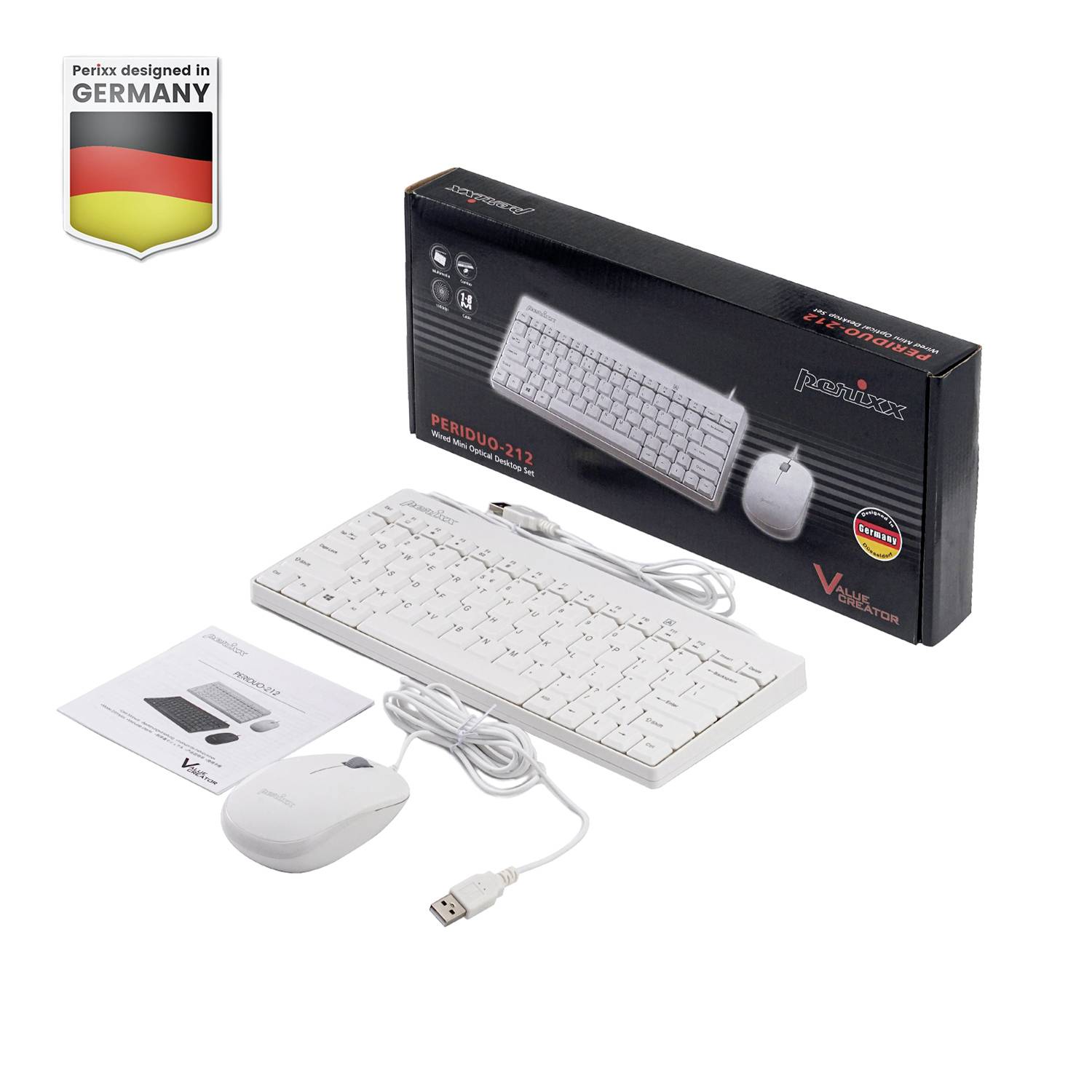 Perixx PERIDUO-212W Kabelgebunden Tastatur, Maus-Set Deutsch, QWERTZ Weiß