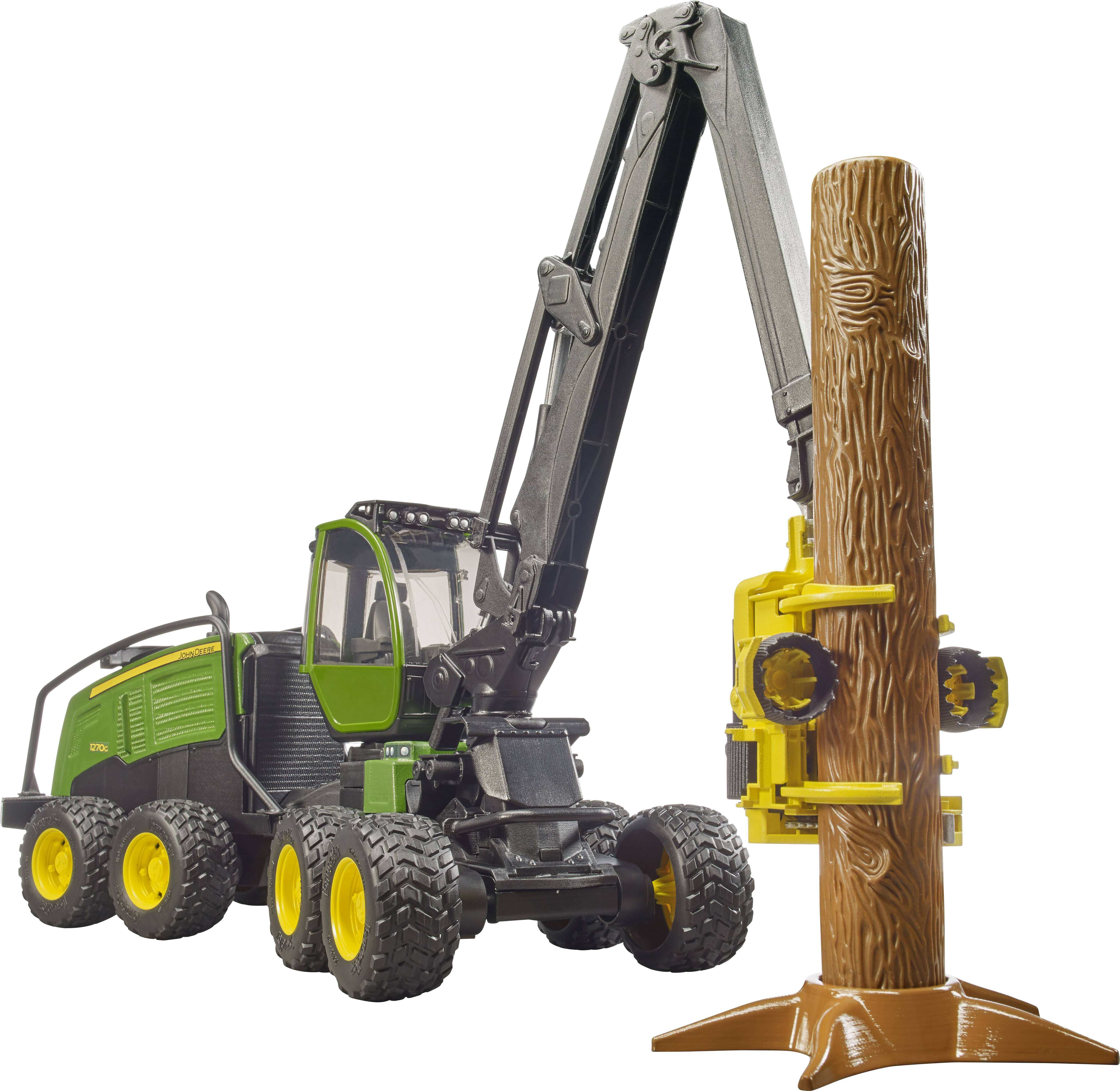 Ein Modell eines Forstschleppers mit einem mechanischen Arm, der einen Baumstamm hält. Der Traktor hat eine grüne Kabine und gelbe Details.