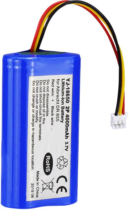 Blauer Lithium-Ionen-Akku mit gelben, roten und schwarzen Drähten, trägt Aufkleber mit technischen Spezifikationen und Sicherheitsinformationen.