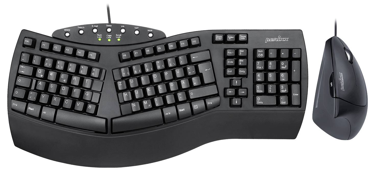 Perixx PERIDUO-512 DE B Kabelgebunden Tastatur, Maus-Set Ergonomisch Deutsch, QWERTZ Schwarz