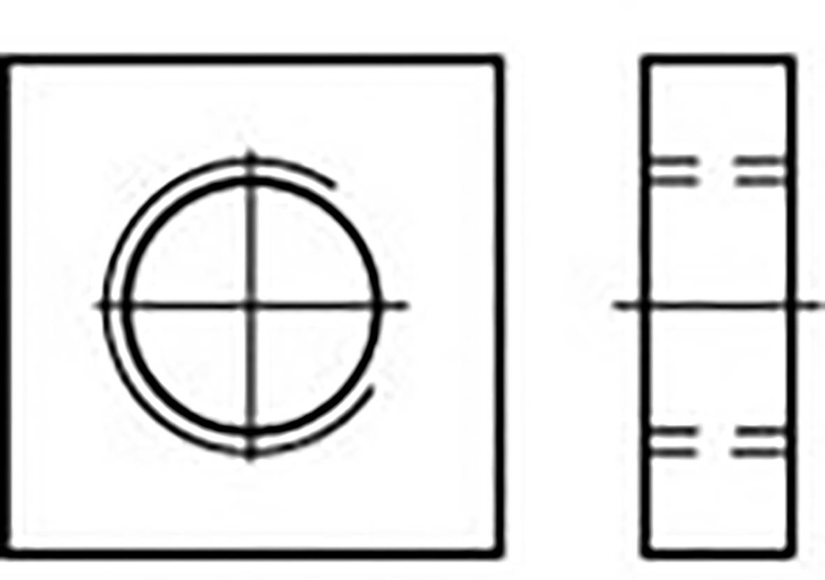 Technische Zeichnung: Eine quadratische und eine rechteckige Form mit Kreisen und Linien, die Schnittansichten eines Objekts darstellen.