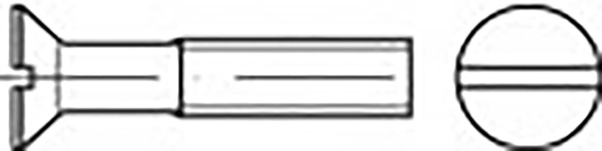 Ein Diagramm zeigt eine Senkkopfschraube aus zwei Perspektiven: seitlich und von oben, mit einem Schlitz für einen Schlitzschraubendreher.
