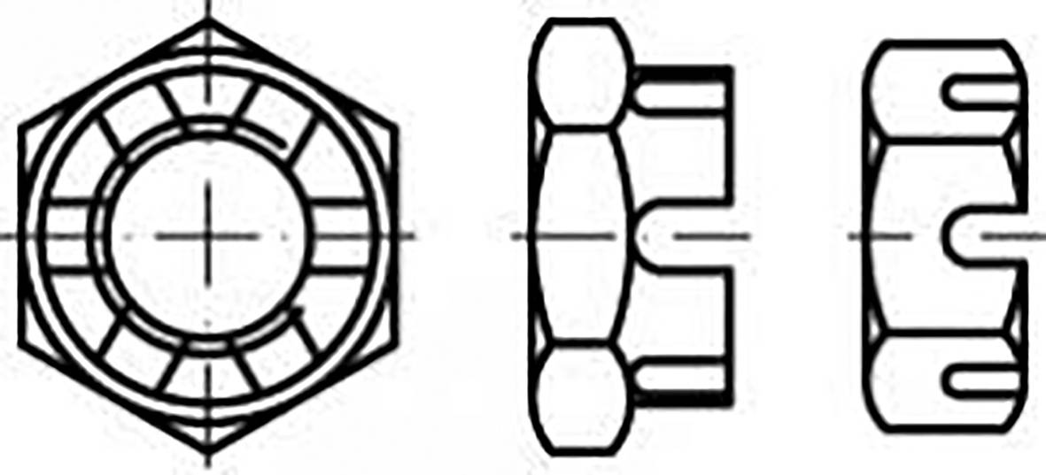 Technische Zeichnung eines sechskantigen Mutterschnitts mit Draufsicht, Seitenansicht und Querschnittsansicht, zeigt Details der Geometrie.