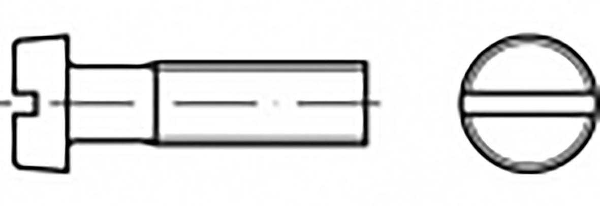 Technische Zeichnung eines Schlitzschraubenkopfes. Links die Seitenansicht, rechts die Draufsicht mit Schlitz erkennbar.