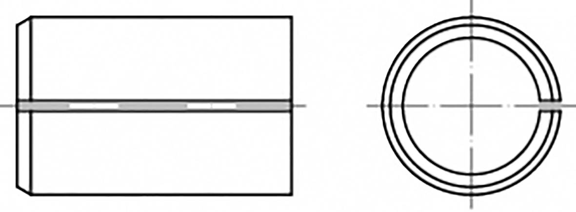 Ein technisches Diagramm zeigt eine zylindrische Komponente mit einem Schlittenquerschnitt. Links: Seitenansicht. Rechts: Draufsicht.