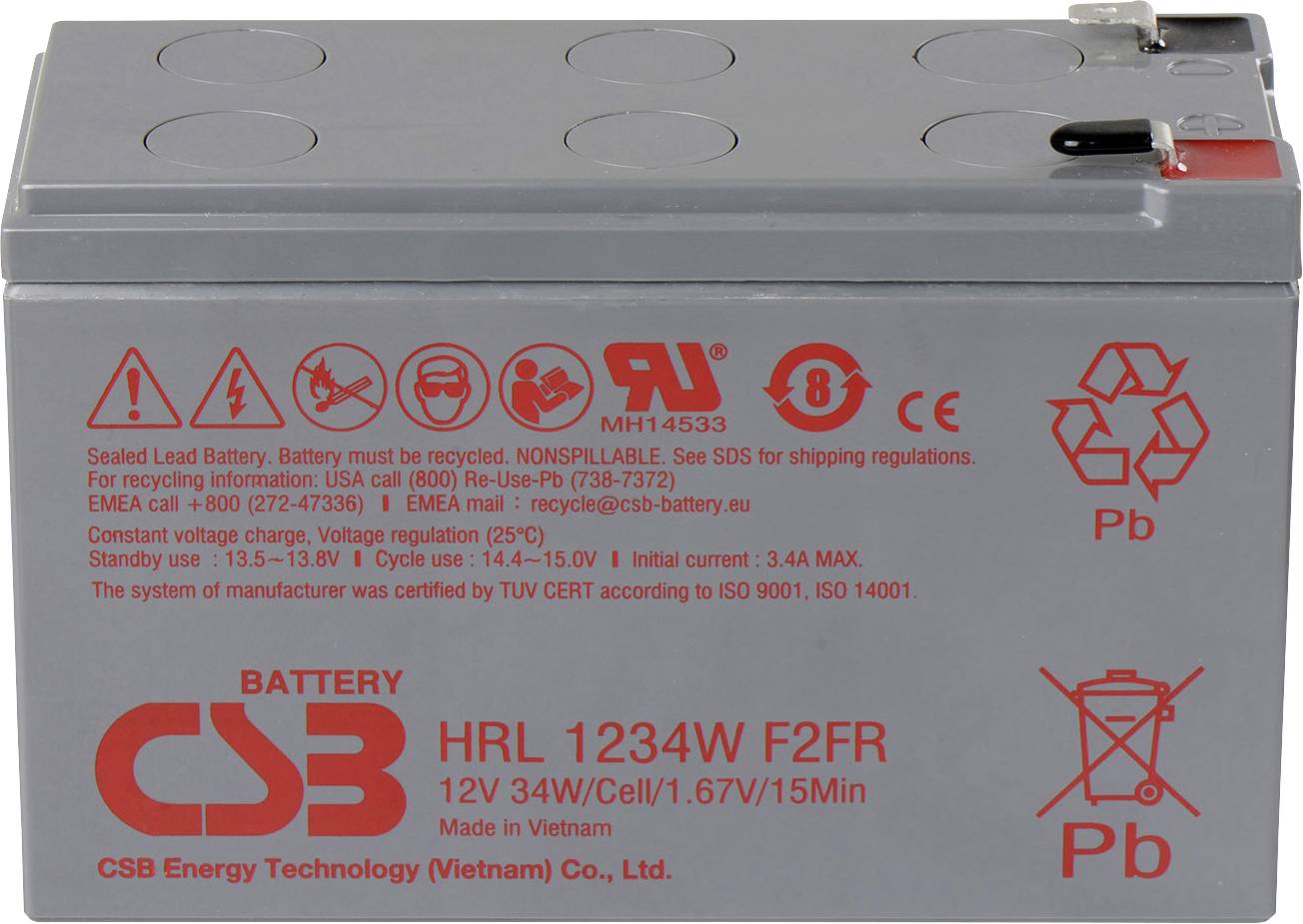 Versiegelte Blei-Batterie mit Recycling-Hinweisen und Warnungen. Kapazität: 12V 34W. Marke: CSB. Hergestellt in Vietnam.