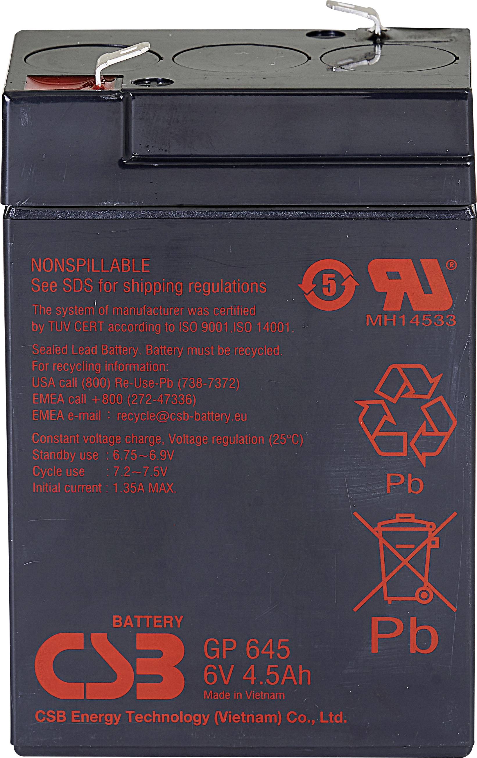 CSB Battery GP 645 Standby USV GP645F1 Bleiakku 6 V 4.5 Ah Blei-Vlies (AGM) (B x H x T) 70 x 107 x