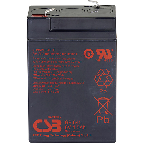 CSB Battery GP 645 Standby USV GP645F1 Bleiakku 6V 4.5Ah Blei-Vlies (AGM) (B x H x T) 70 x 107 x 48mm Flachstecker 4.8mm