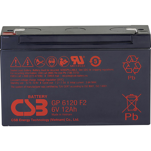 CSB Battery GP 6120 Standby USV GP6120F2 Bleiakku 6V 12Ah Blei-Vlies (AGM) (B x H x T) 151 x 101 x 50mm Flachstecker 4.8 mm