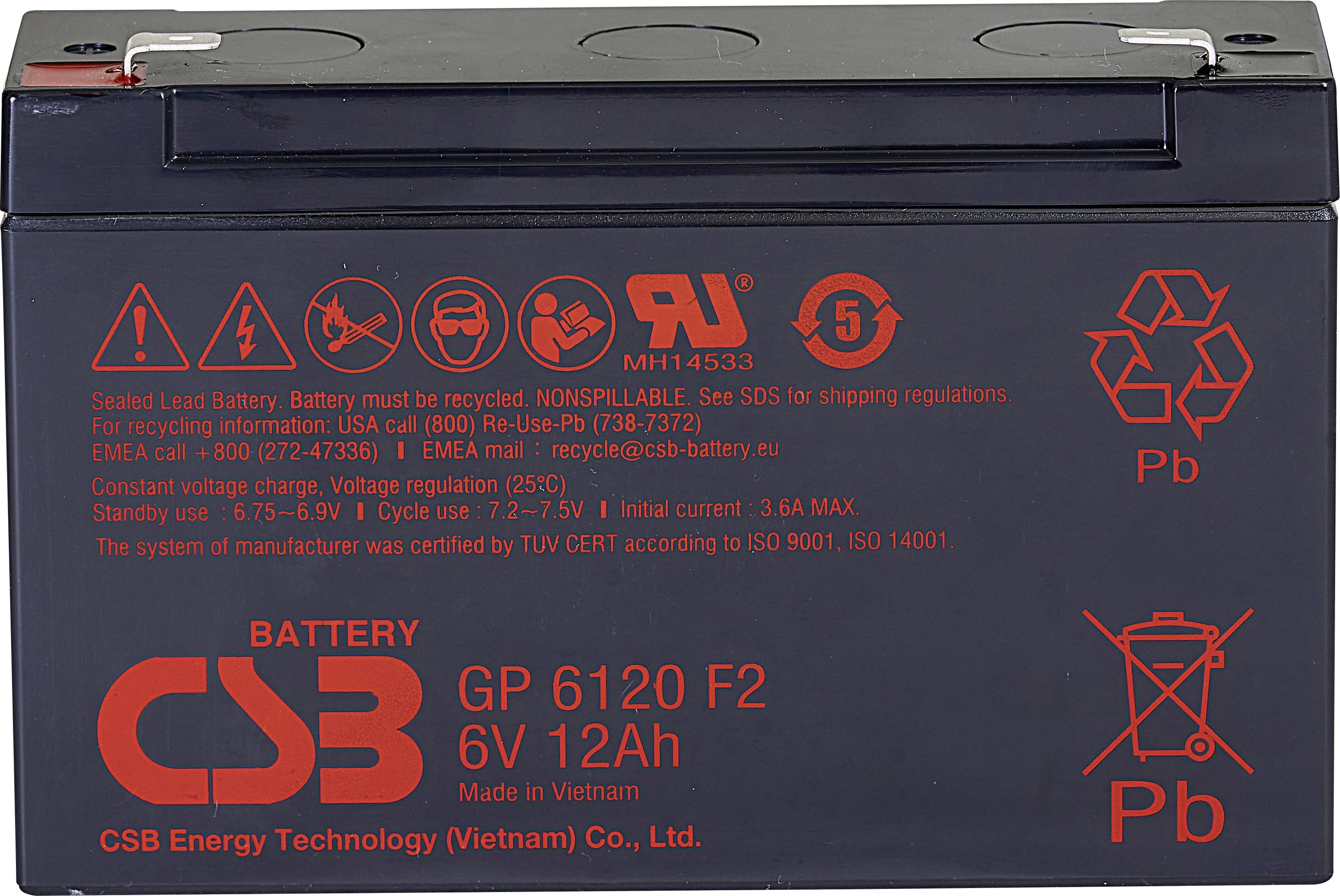CSB Battery GP 6120 Standby USV GP6120F2 Bleiakku 6V 12Ah Blei-Vlies (AGM) (B x H x T) 151 x 101 x 50mm Flachstecker 4.8 mm
