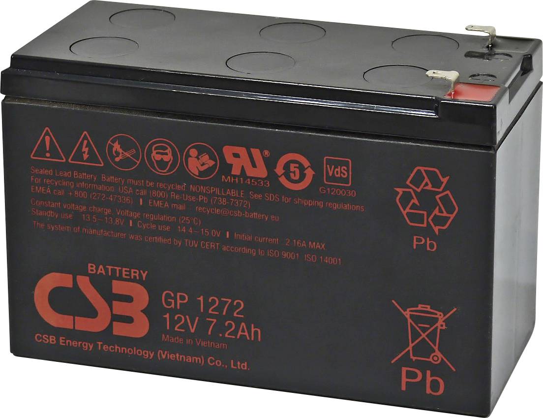 Schwarze 12V 7.2Ah Versorgungsbatterie mit Anschlüssen oben. Hersteller- und Sicherheitssymbole auf der Vorderseite.