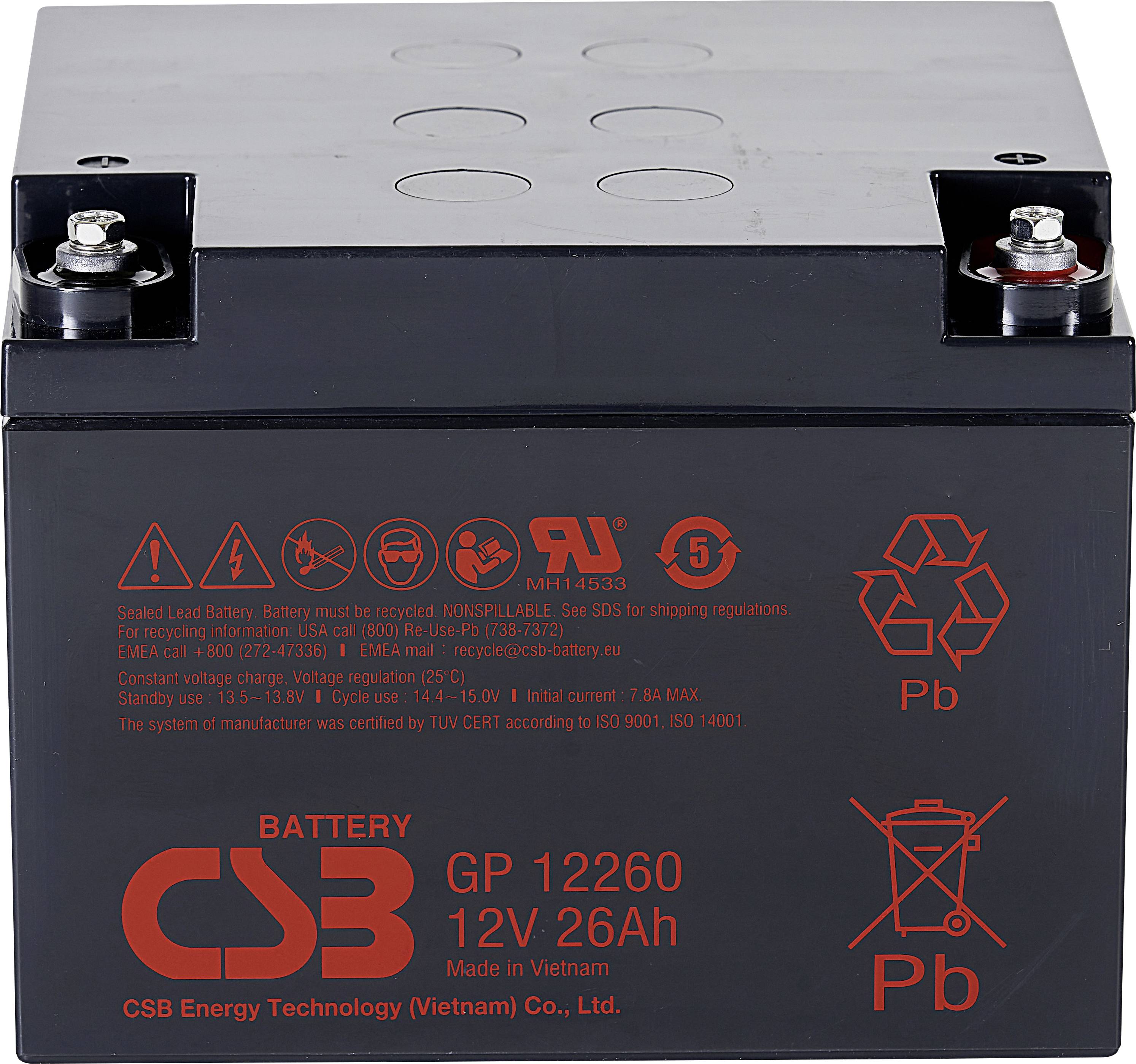 CSB Battery GP 12260 Standby USV GP12260B1 Bleiakku 12V 26Ah Blei-Vlies (AGM) (B x H x T) 166 x 125 x 175mm M5-Schraubanschluss