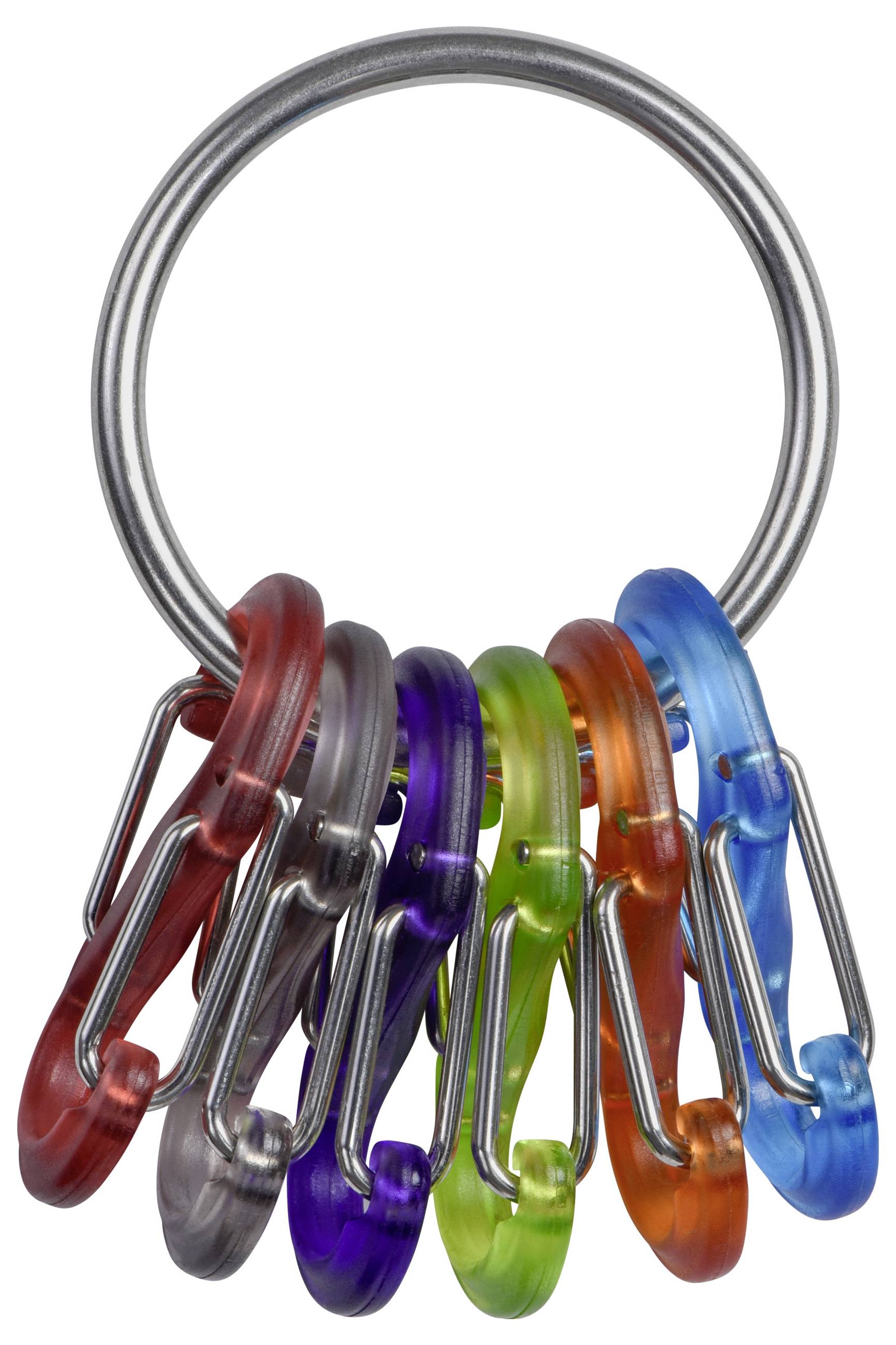 Ein Ring, der sechs farbenfrohe Mini-Karabiner in Rot, Lila, Grün, Orange, Blau und Grau hält.