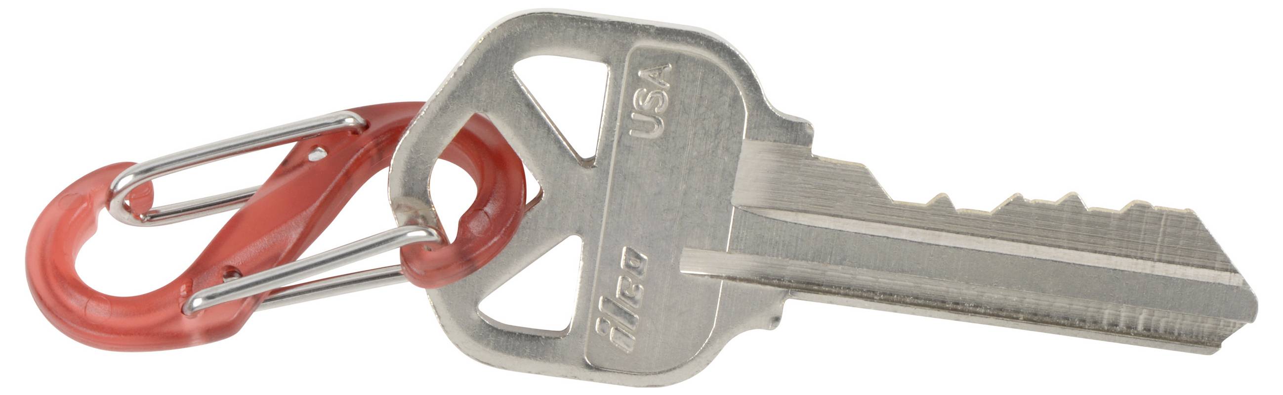 Ein silberner Schlüssel mit einem roten Karabiner, vor einem weißen Hintergrund.