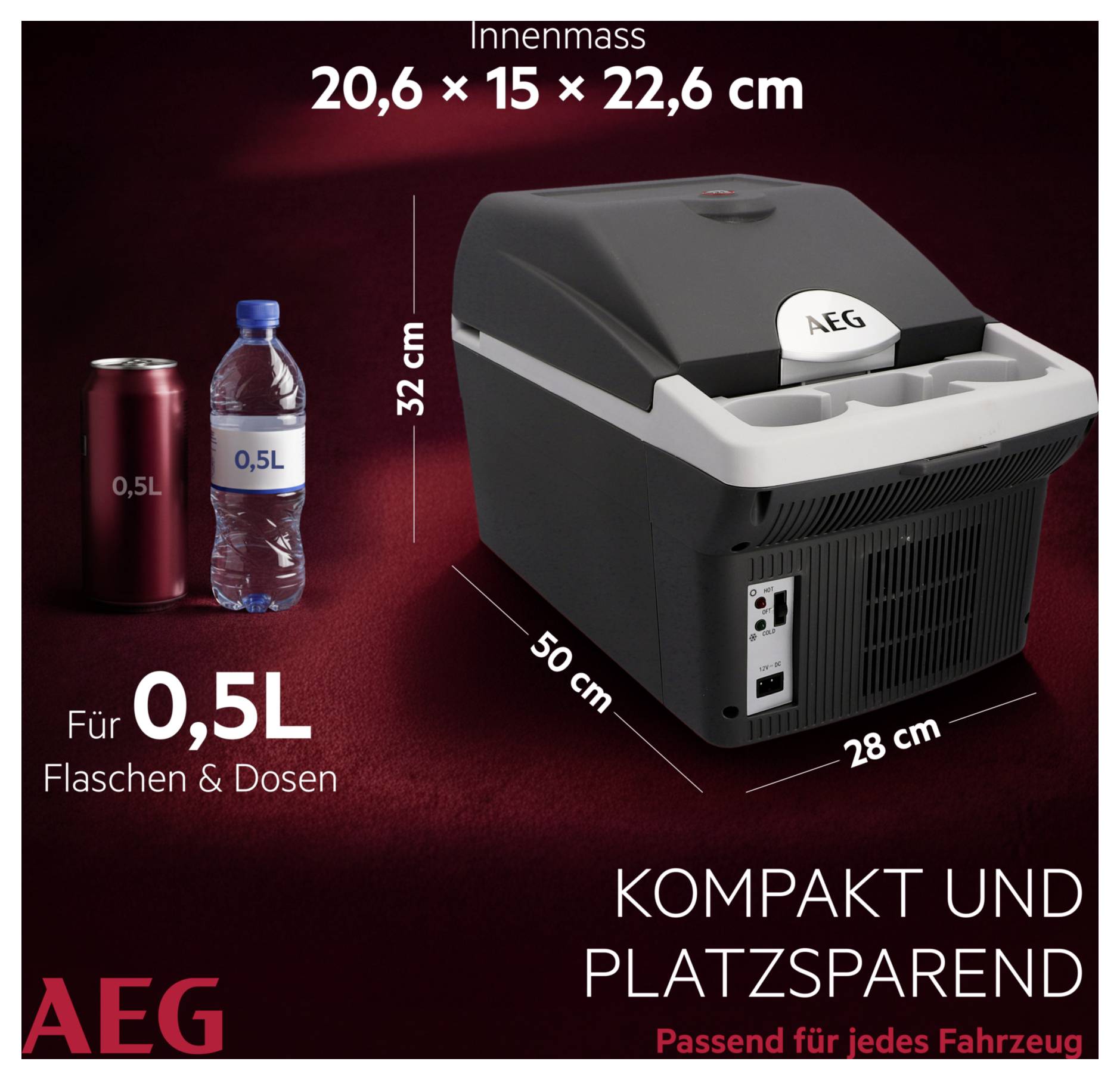 AEG 0,5L Autokühler: Kompakt und platzsparend, passt für Flaschen und Dosen. Abmessungen: 20,6 x 15 x 22,6 cm. Größe: 50 x 28 x 32 cm.