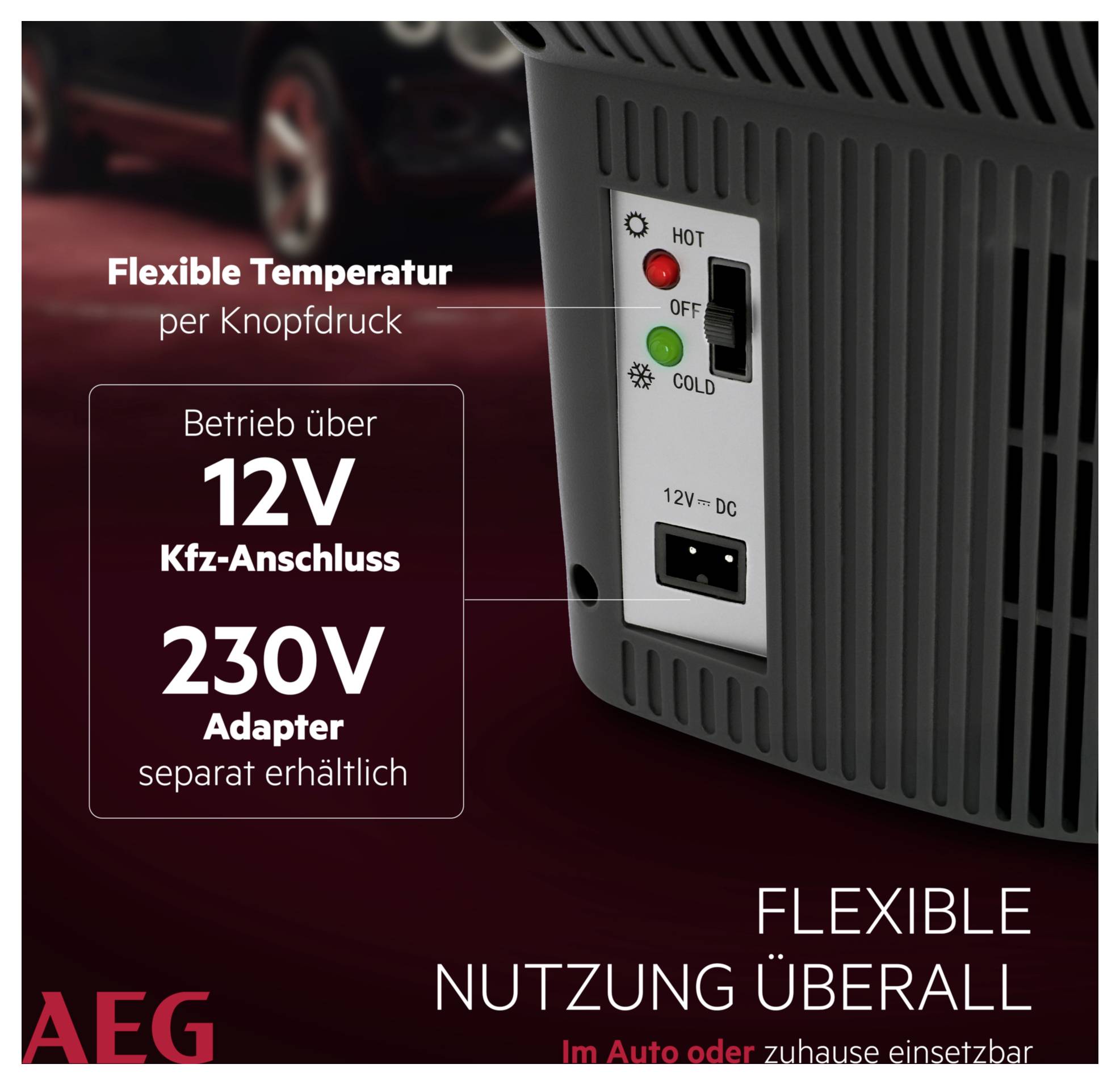 Ein Autoheizkörper mit Temperaturregelungstasten, einem 12V-Autoadaptereingang und einer optionalen 230V-Stromadapteroptionen. Verwendbar im Auto oder zu Hause.