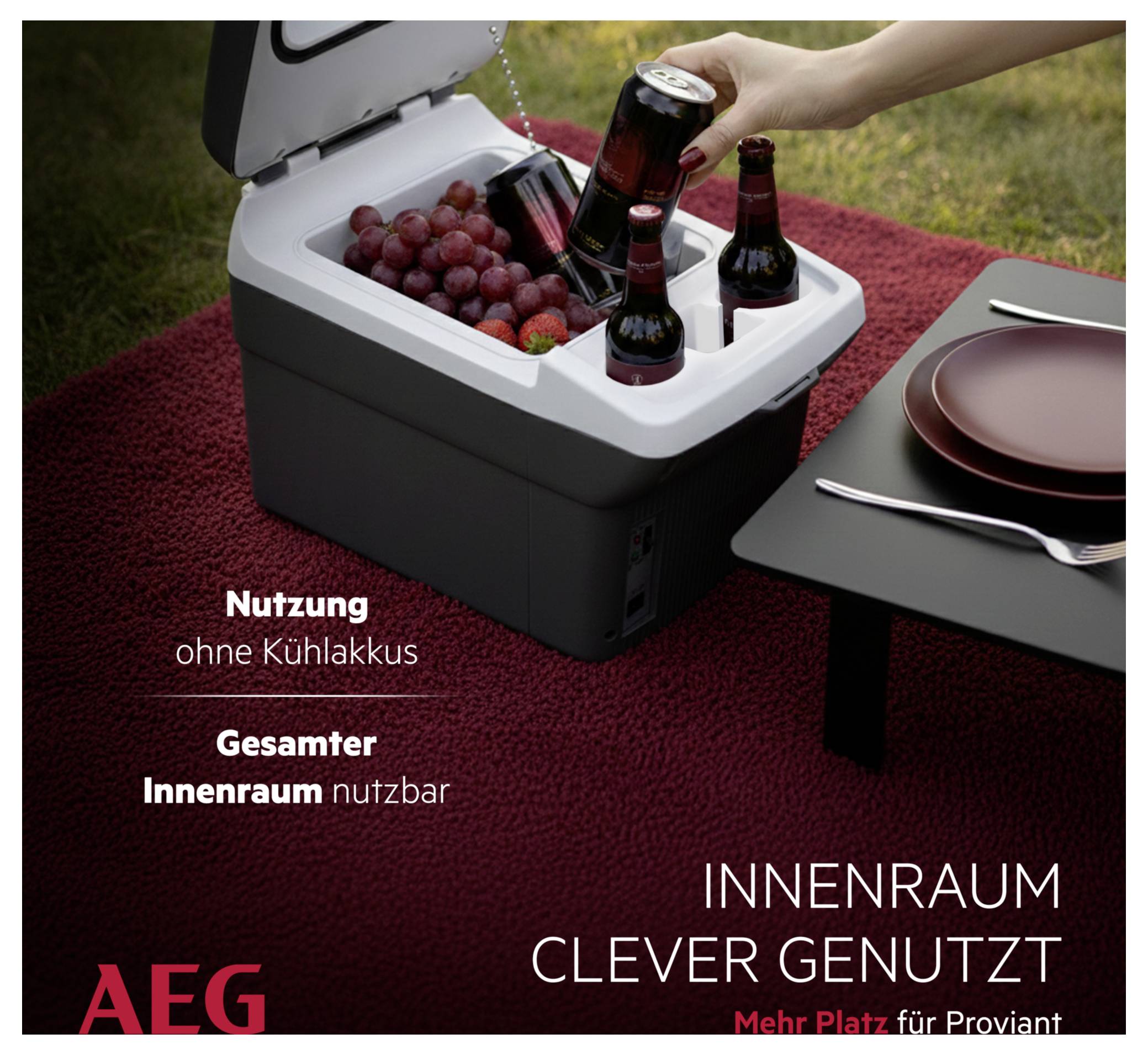 Ein tragbarer Kühlbehälter auf einer roten Matte gefüllt mit Trauben und Getränken. Der Text besagt „Gesamter Innenraum nutzbar. Mehr Platz für Proviant.
