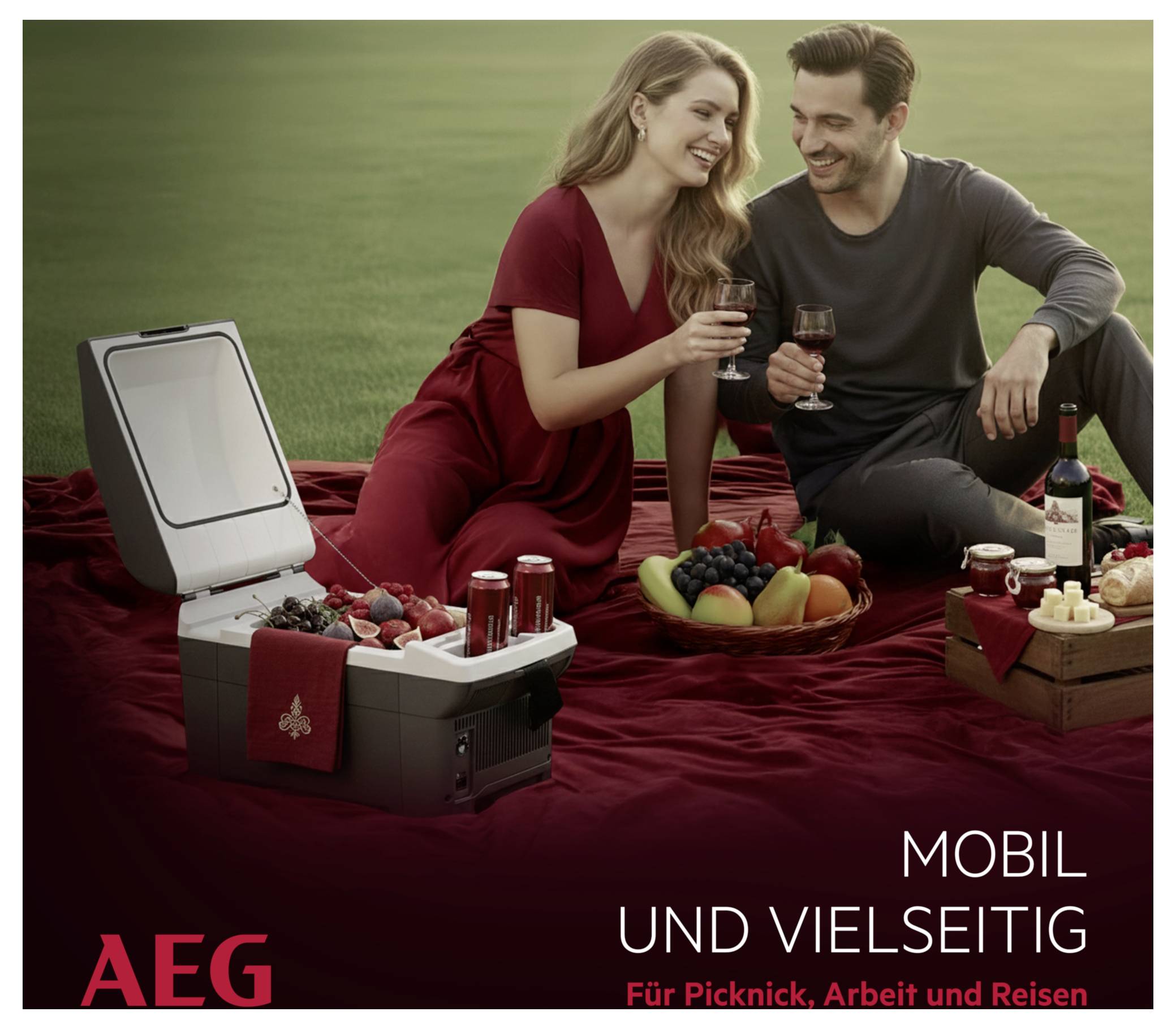 Ein Paar sitzt auf einer roten Decke in einem Grünangebot, genießt Wein und Snacks aus einer Kühlbox, mit dem Text „Mobil und vielseitig