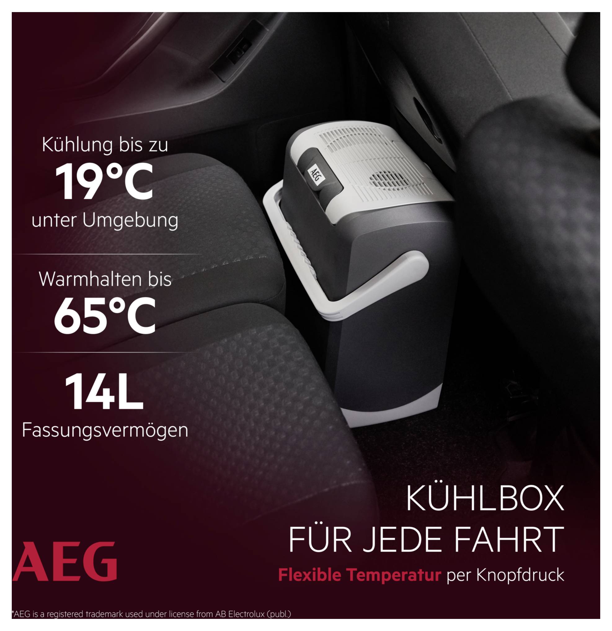 Ein Mini-Kühlschrank im Auto wirbt mit Kühlung auf 19°C, Heizung auf 65°C und 14L Fassungsvermögen. Der Text sagt „Kühlbox für jede Fahrt