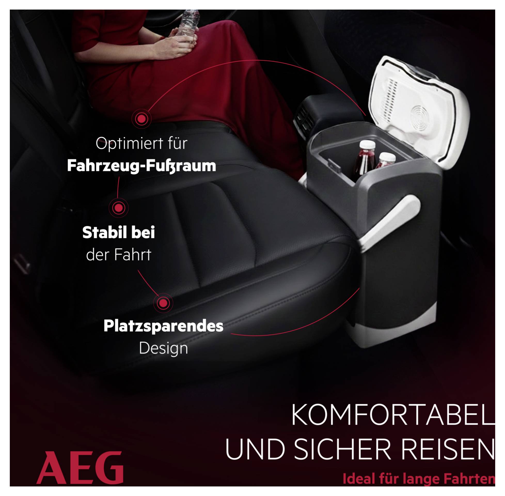 AEG-Autokühler optimiert den Fußraum im Fahrzeug, stabil während der Fahrt, platzsparendes Design. Komfortabel und sicher für lange Fahrten.