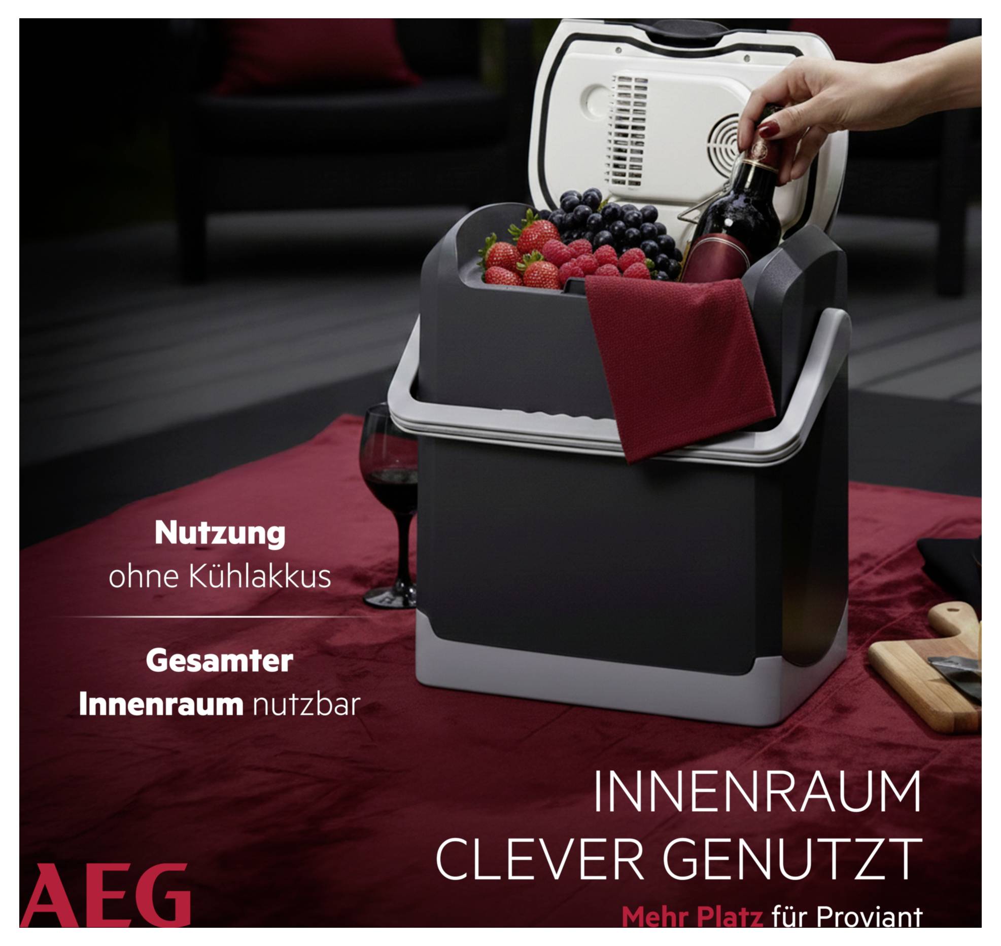 Ein kompakter tragbarer Kühlbehälter mit Beeren und einer Weinflasche. Der Text lautet „Innenraum clever genutzt