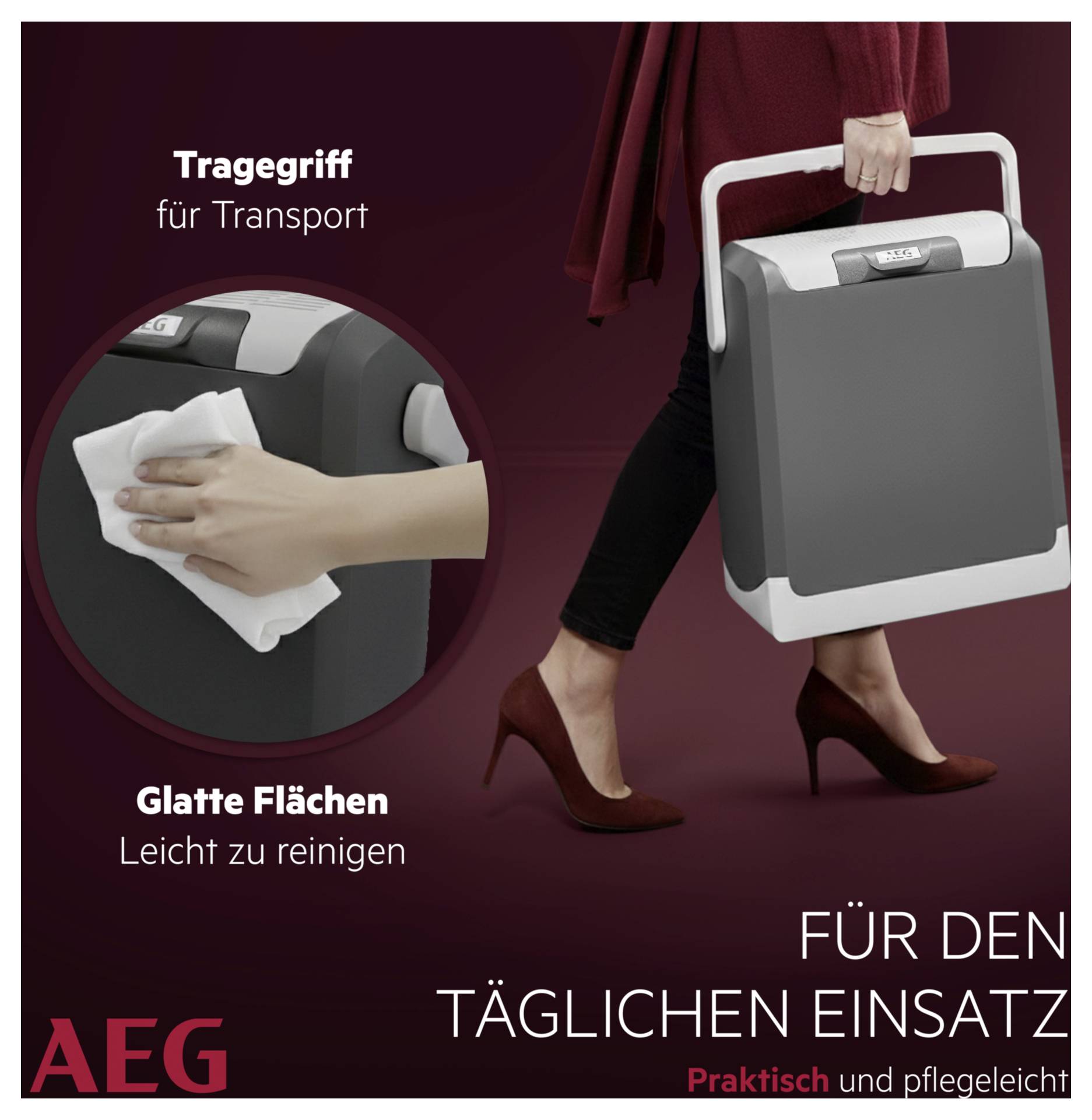 Eine Frau trägt ein tragbares Gerät mit einem Griff. Die Vergrößerung zeigt eine Hand, die seine glatte Oberfläche abwischt. Der Text lautet „Für den täglichen Einsatz, Praktisch und pflegeleicht.