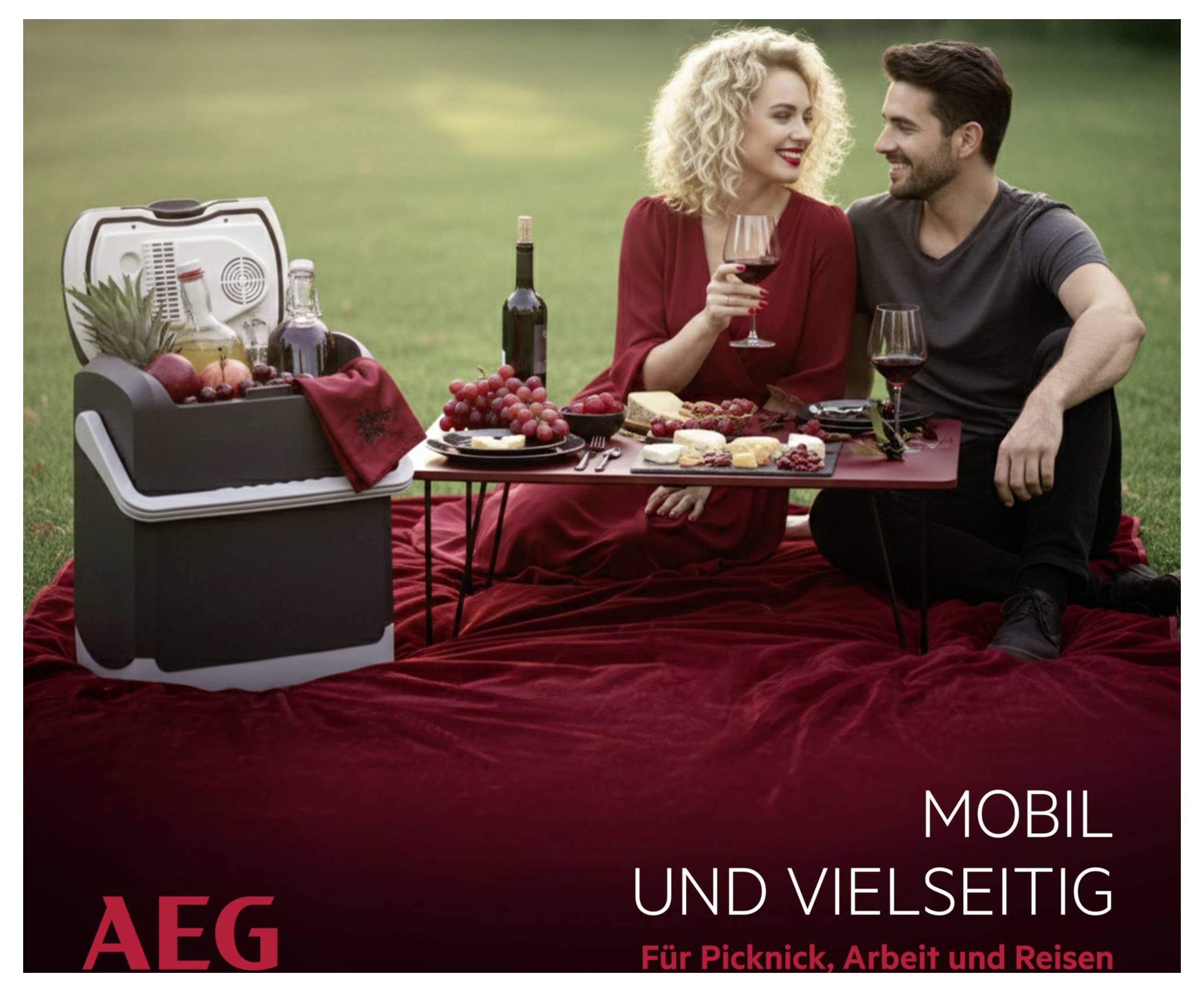 Ein Paar genießt ein Picknick mit Wein und Käse und sitzt auf einer roten Decke im Park. Eine tragbare Kühlbox befindet sich in der Nähe mit der Aufschrift „Mobil und vielseitig