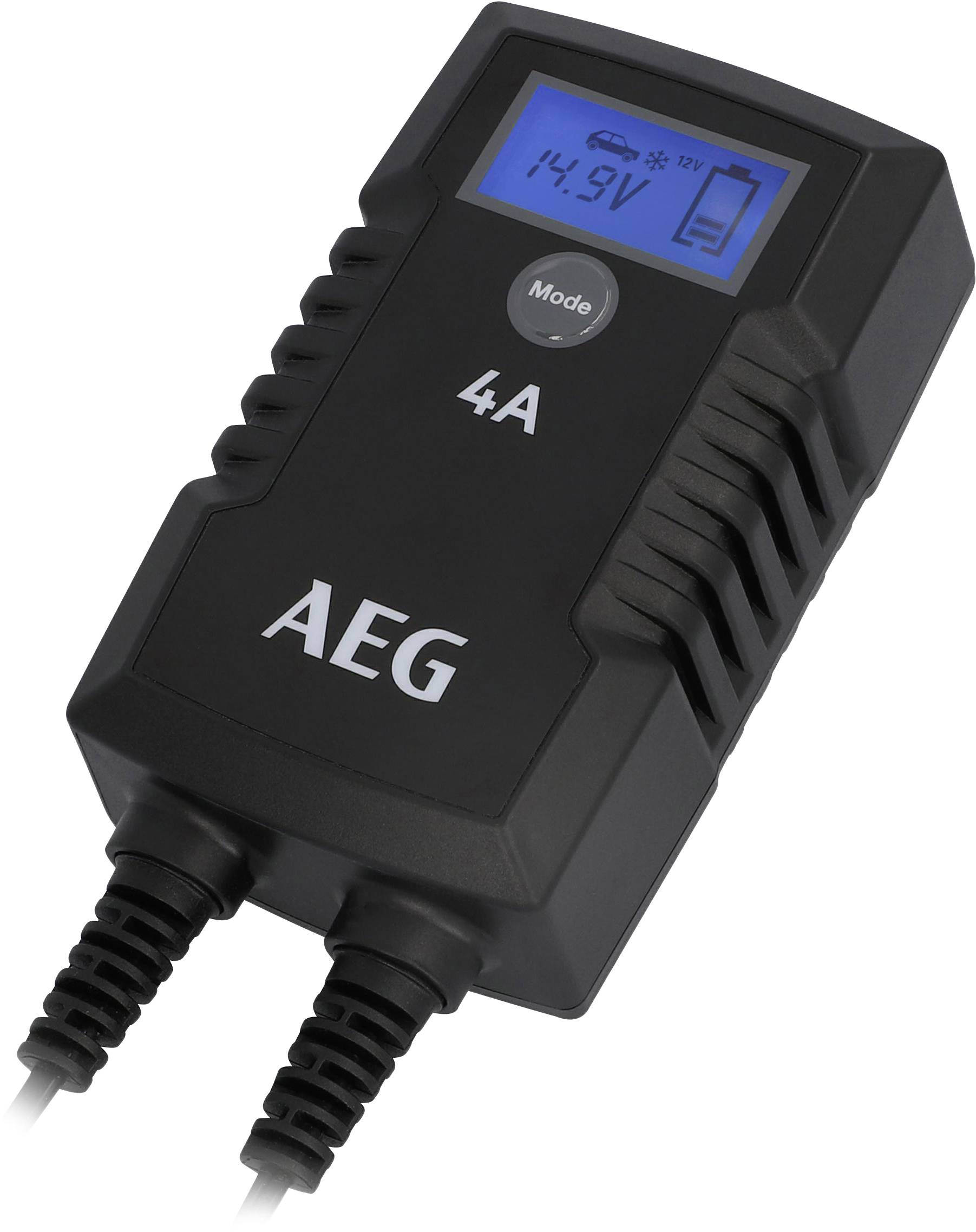 Ladegerät mit Display zeigt '14,9V', Modus-Taste, und leuchtendem Batteriestand-Symbol.