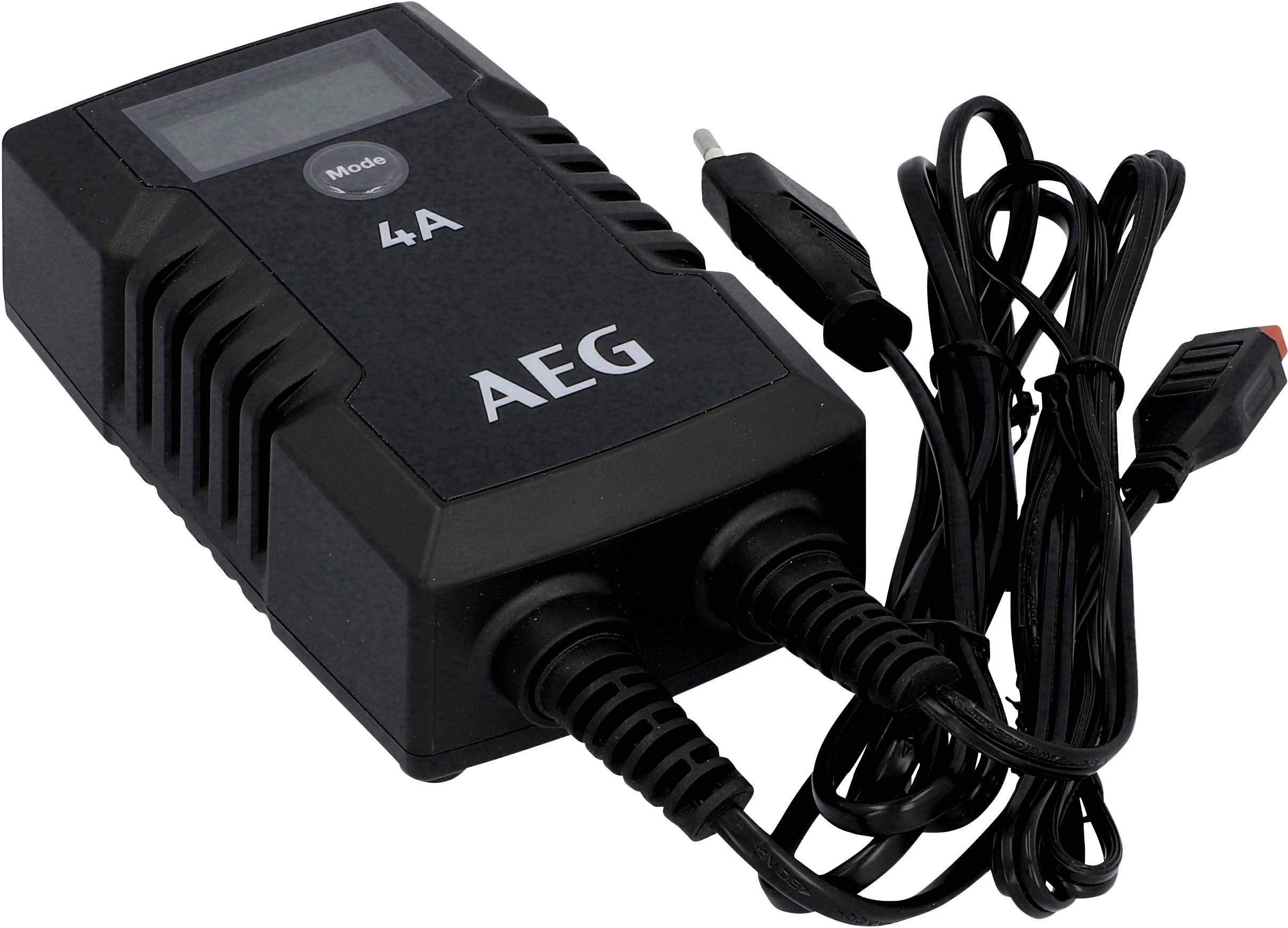 Ladegerät, Modell AEG 4A, rechteckig, Schwarz, mit Kabel und Stecker. Display oben zeigt Einstellungen. Geeignet für Batterieladung.