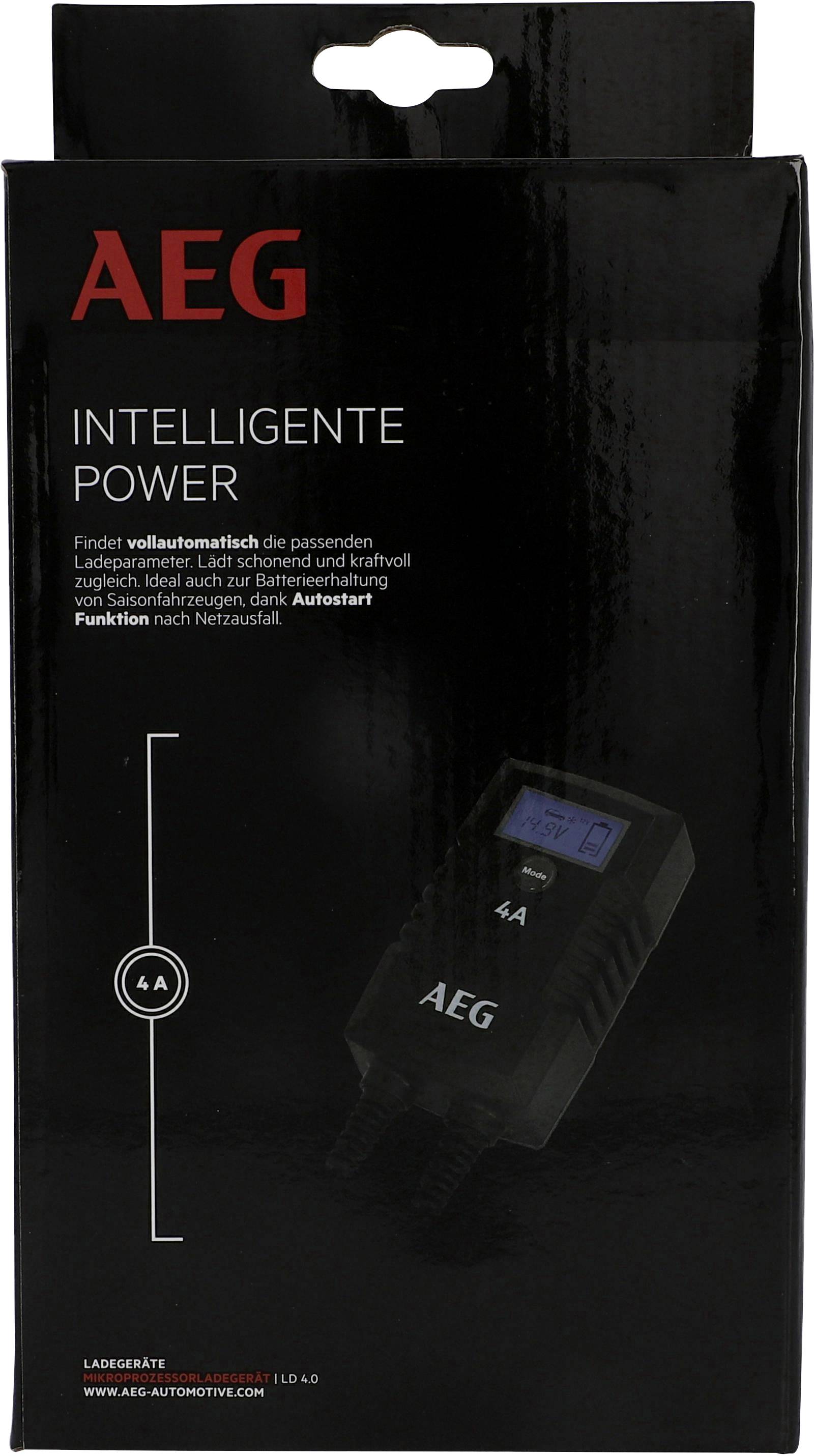'AEG Intelligente Power' Ladegerät Verpackung mit Abbildung eines Ladegeräts. Text hebt automatische Ladeanpassung hervor.