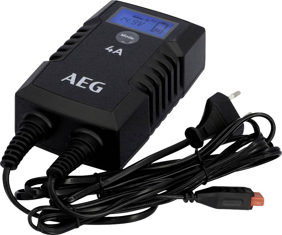AEG Batterieladegerät, 4A, mit LCD-Display, zeigt Ladezustand und Modus an, mit Stromkabel und europäischen Stecker.