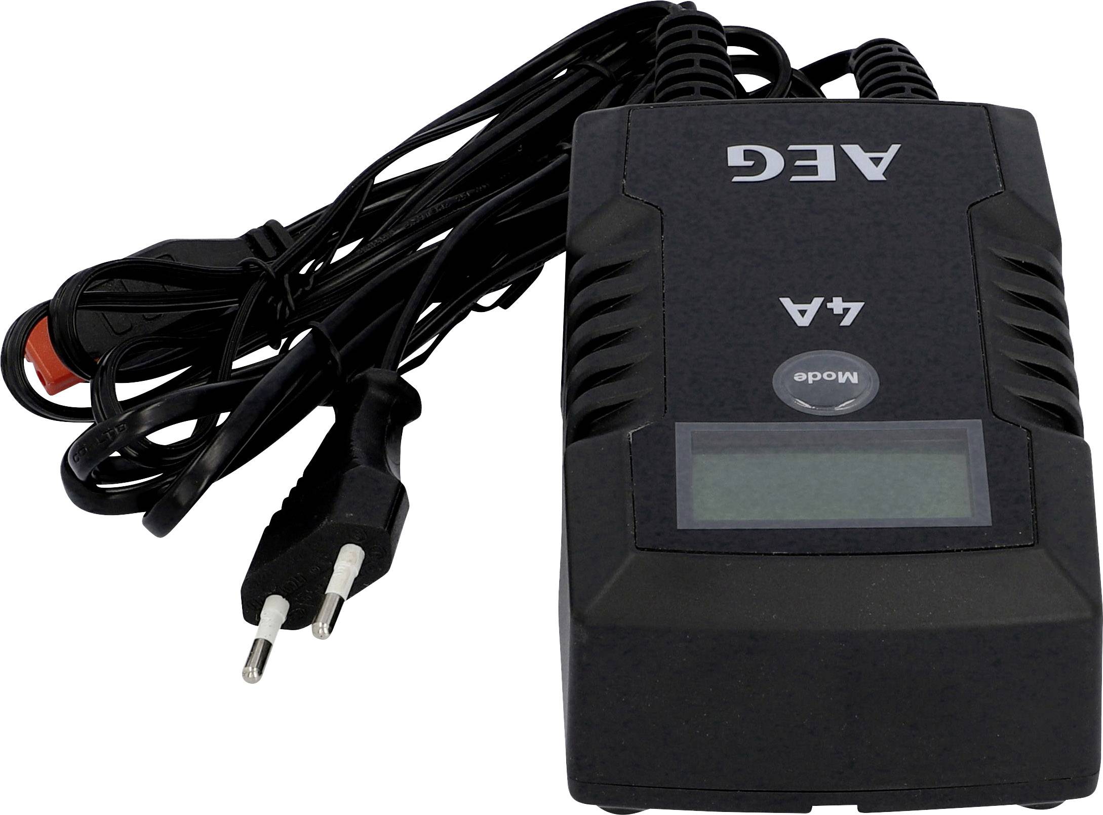 Schwarzes Ladegerät mit LCD-Anzeige und europäischem Stecker, Marke 'AEG', Modell 'AA4'.