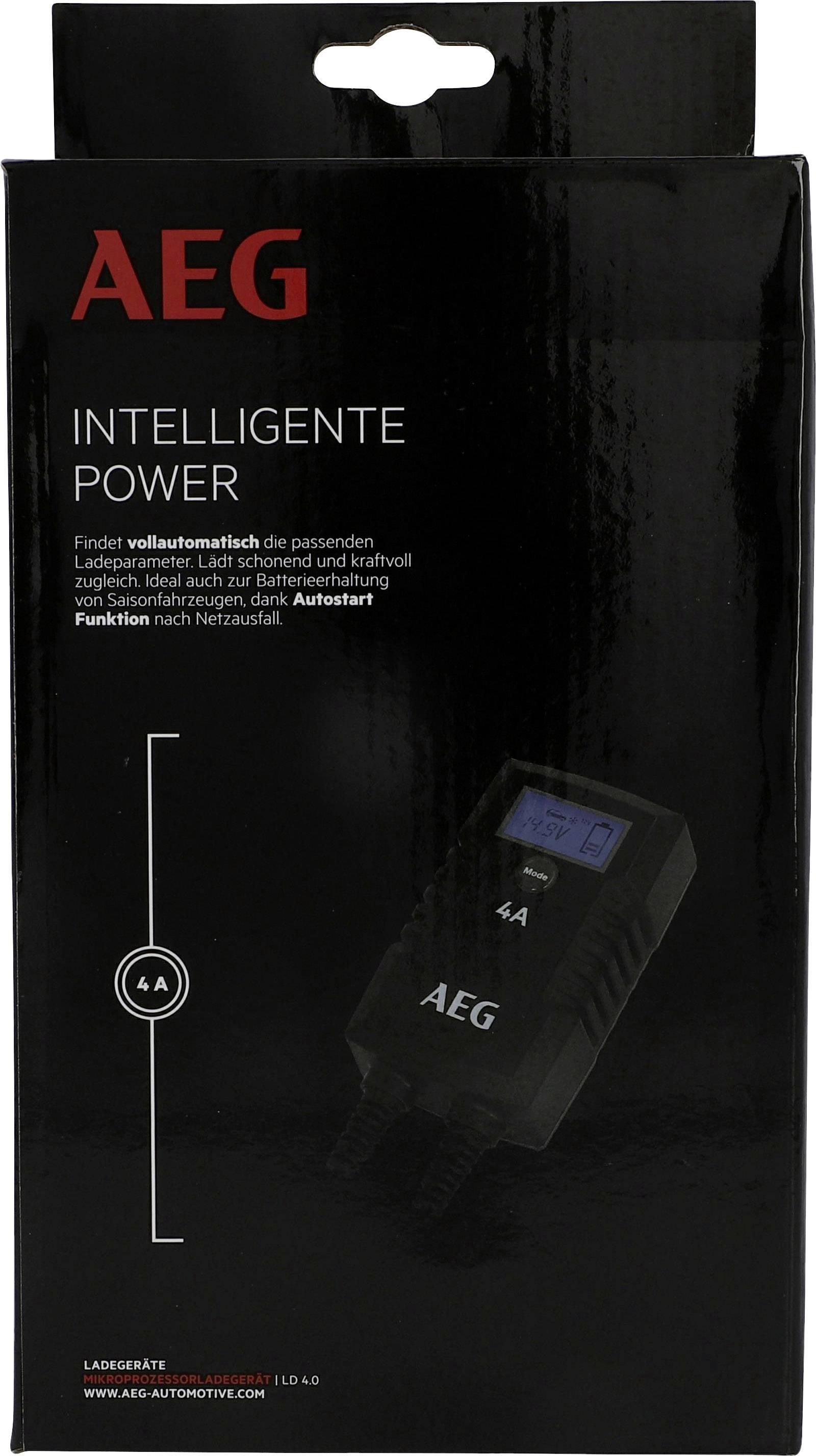 AEG Ladegerät-Verpackung mit der Aufschrift 'Intelligente Power', zeigt ein Ladegerät mit 4A Kapazität und Auto-Start-Funktion.