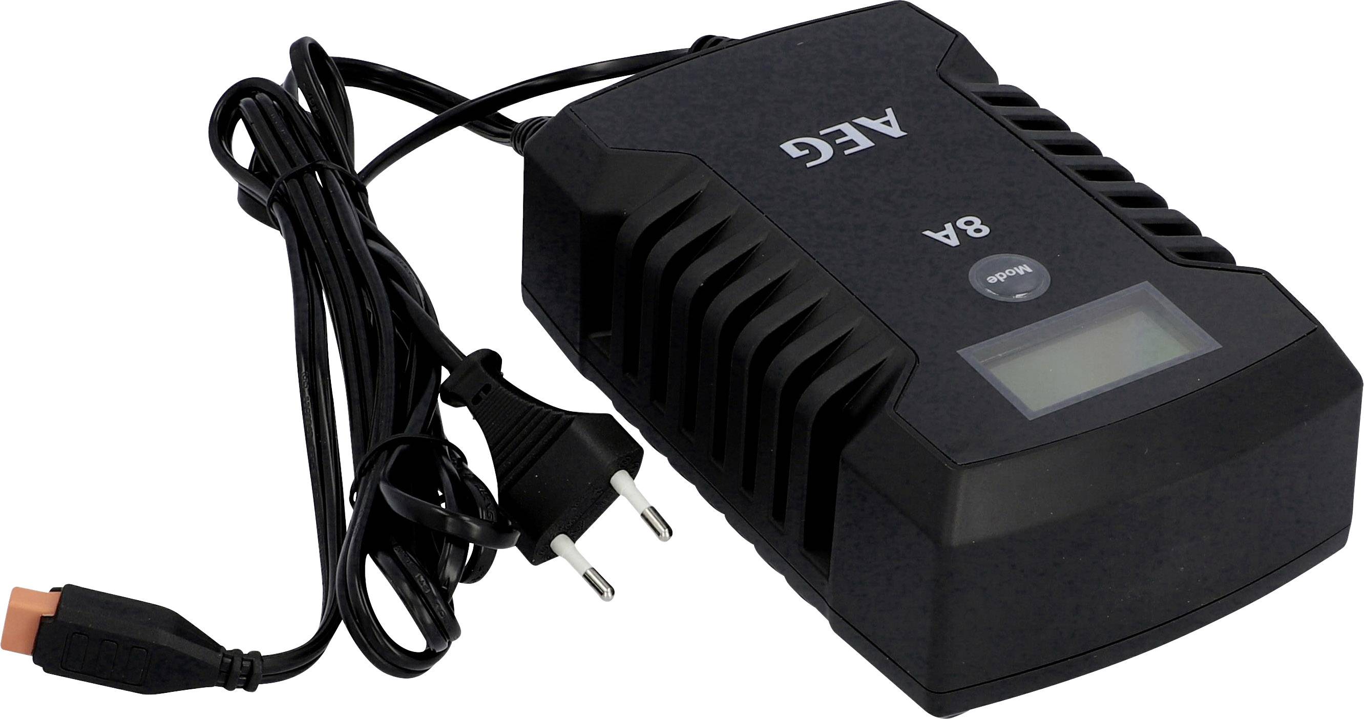 Schwarzes AEG-Batterieladegerät mit Kabel und Stecker, Modellnummer '84'.