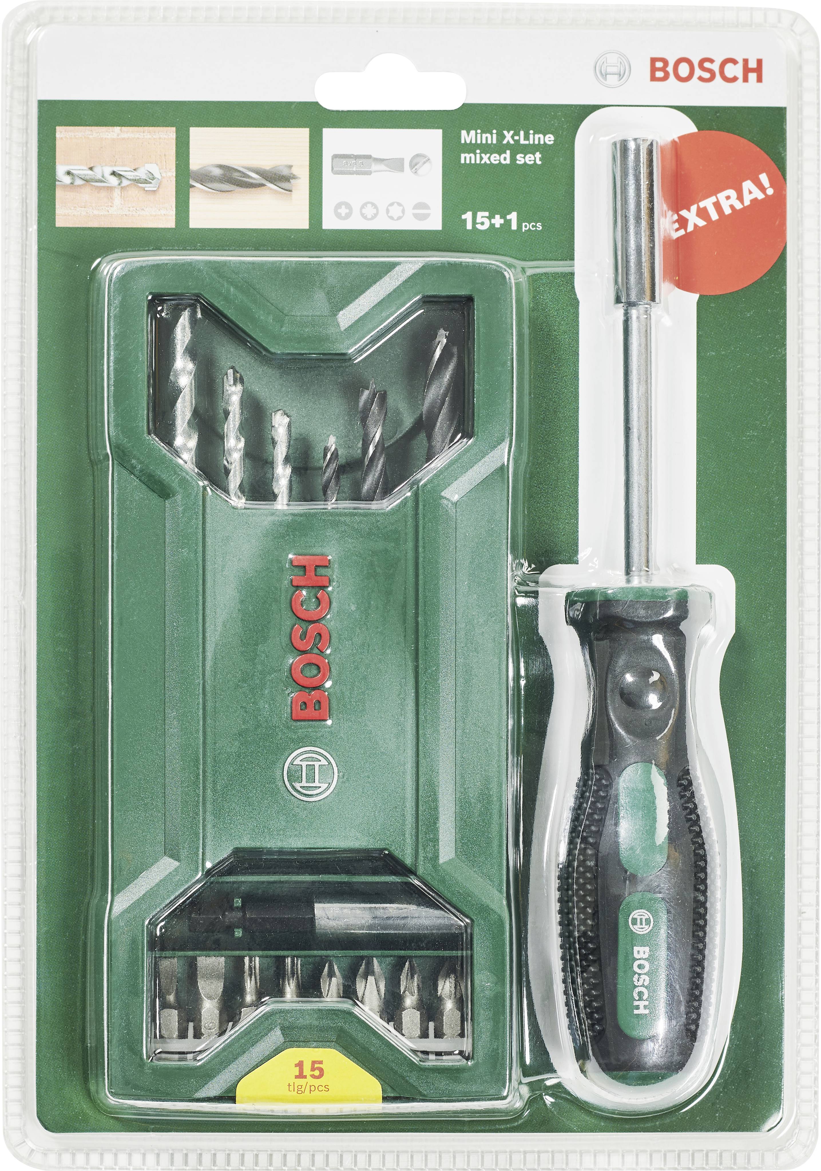 Verpackung eines Bosch Mini X-Line Schraubendreher- und Bohrer-Sets mit Bits und Halterung. Enthält 15+1 Teile.