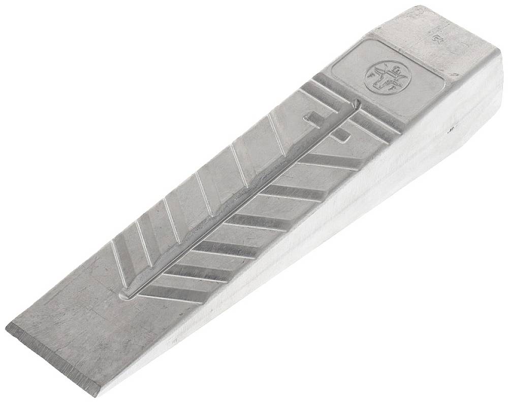 Ein Keil aus Metall mit rutschfester Oberfläche und Logo auf der Oberseite, möglicherweise für handwerkliche oder Baumarktarbeiten.