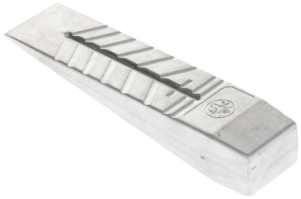 Metallkeil mit gezackter Oberfläche und eingeprägtem Logo an der Seite, verwendet zum Spalten von Materialien.