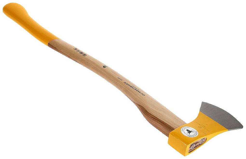 Große, orange Axt mit ergonomischem Holzgriff, speziell für das Spalten von Holz konzipiert. Markenlogo auf der Klinge.