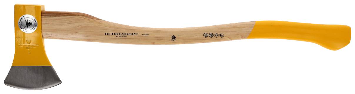 Holzaxt mit orangem Griff und silberner Klinge, geeignet zum Spalten von Holz. Die Marke 'Ochsenkopf' ist auf dem Holzgriff sichtbar.