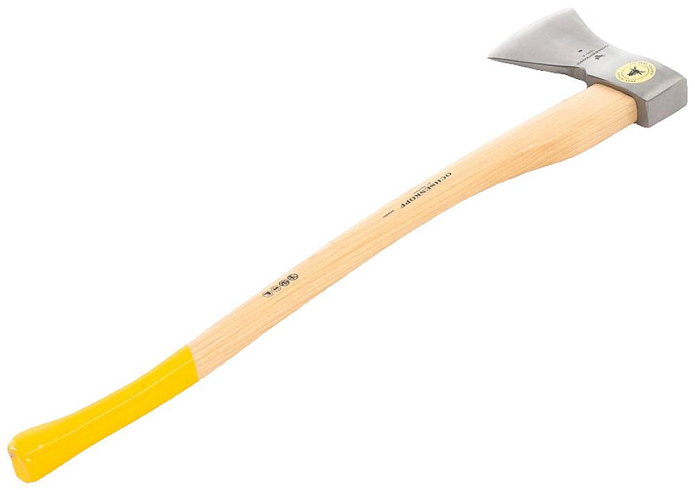 Axt mit Holzgriff und gelber Spitze, geeignet für Holzarbeiten. Der silberne Axtkopf hat eine spitze und eine flache Seite.